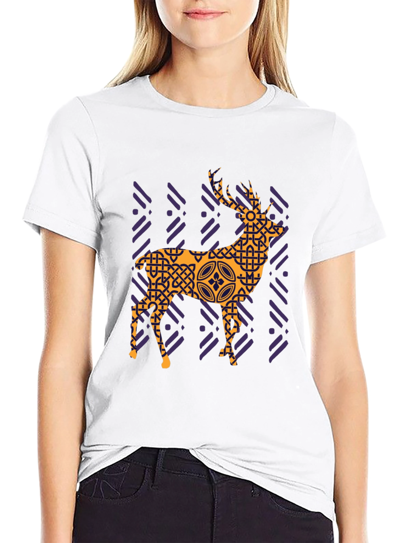 Geometric Deer Graphic Tee - Black