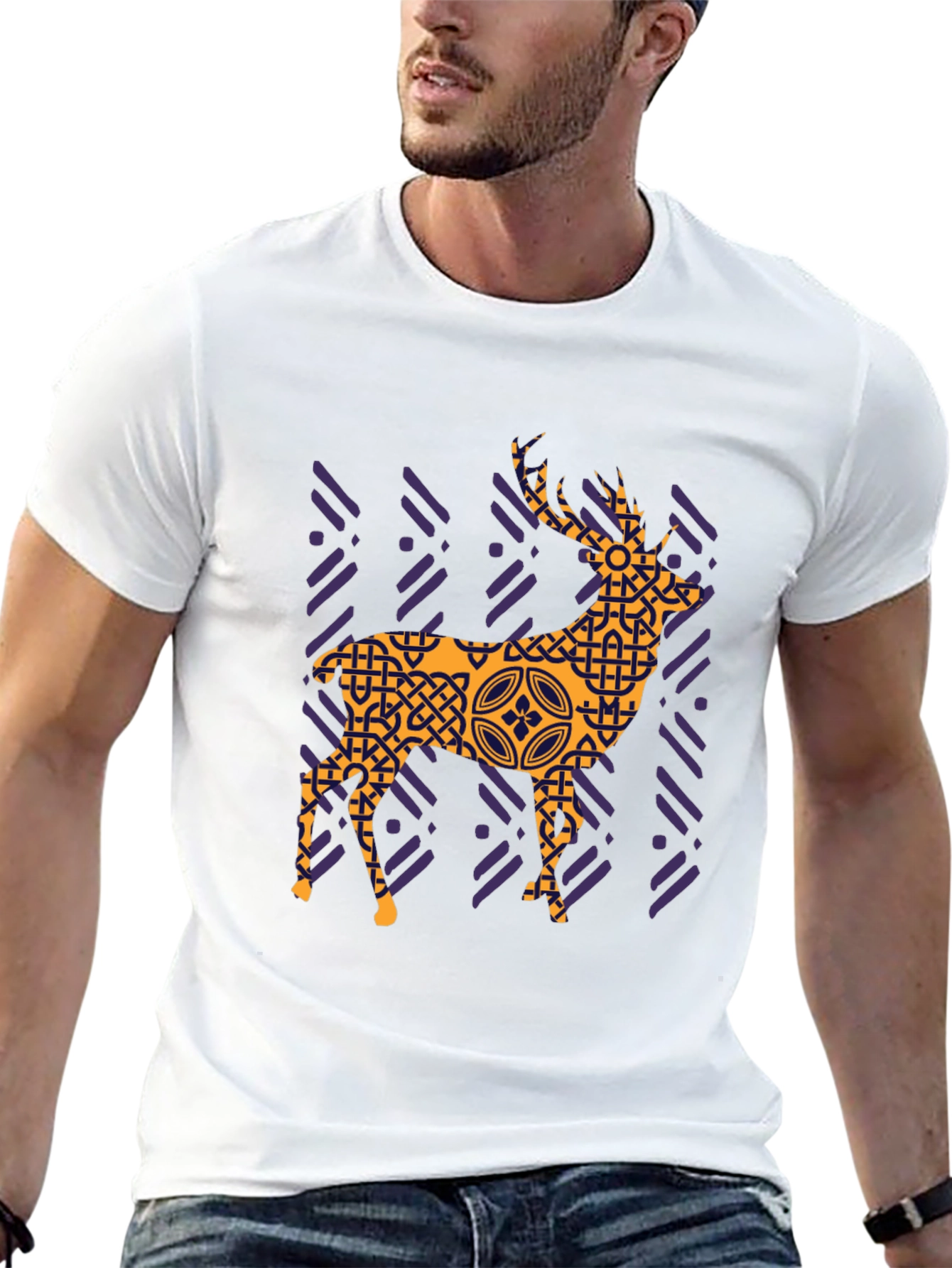 Geometric Deer Graphic Tee - Black