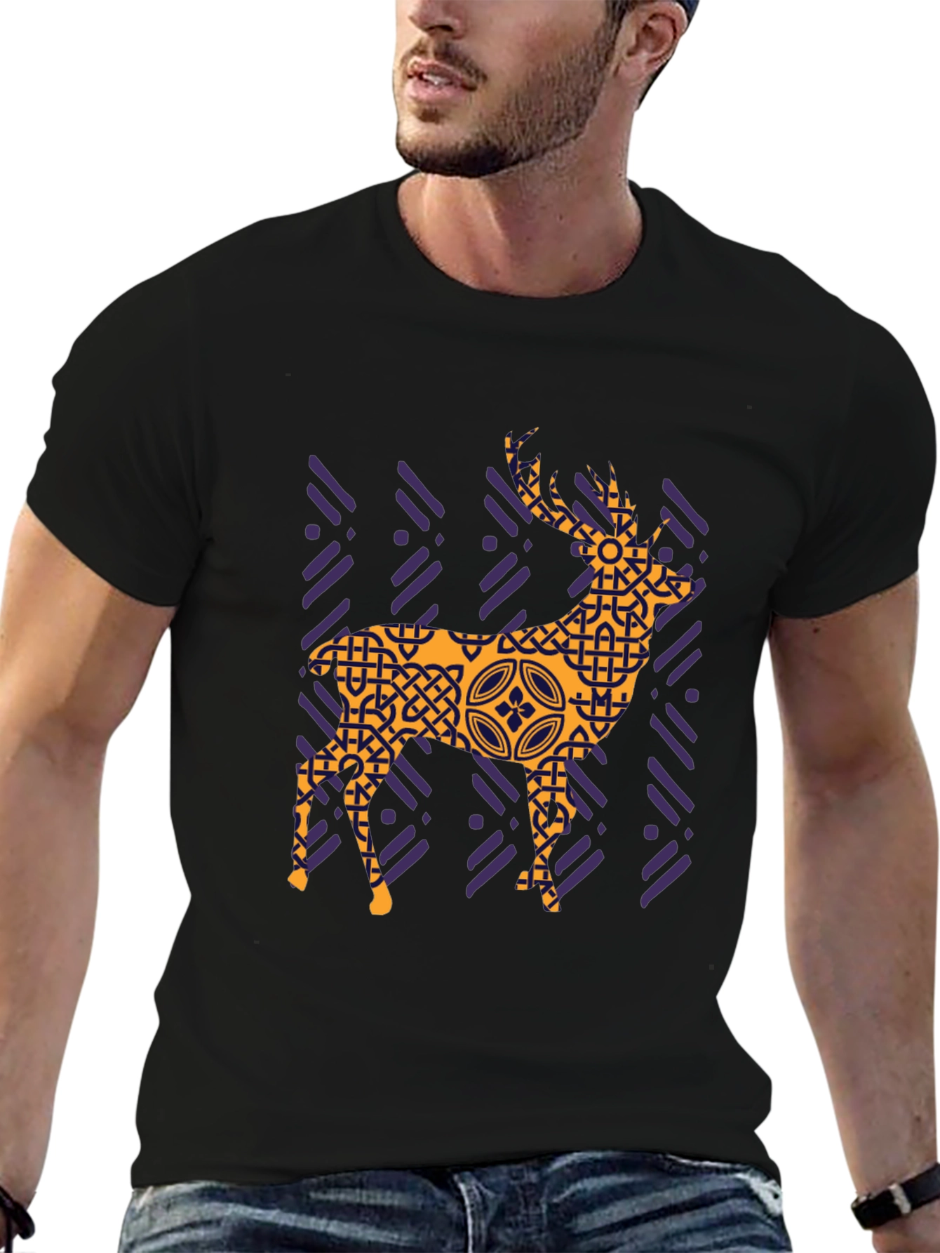 Geometric Deer Graphic Tee - Black