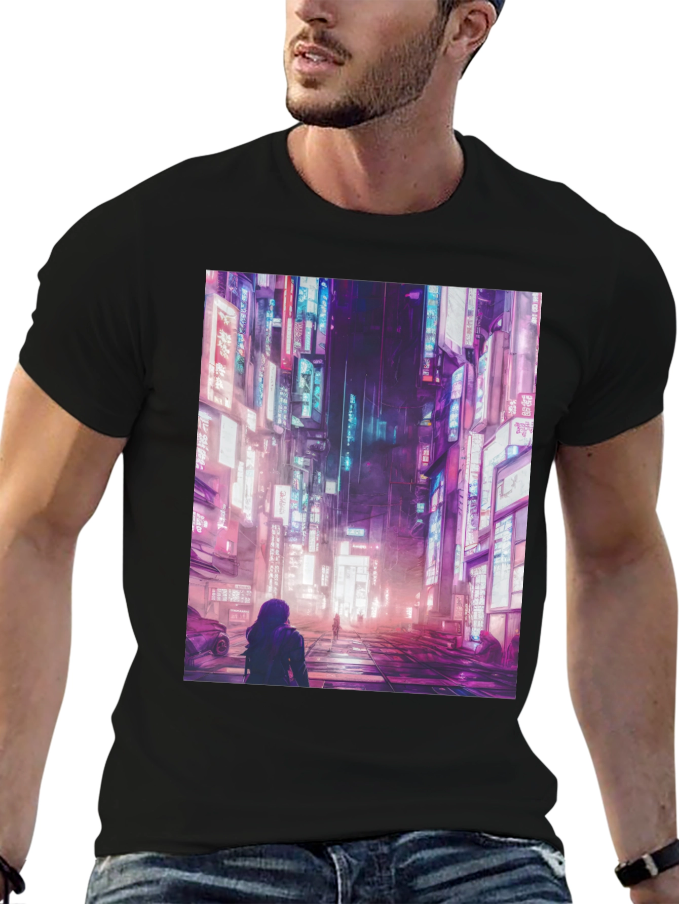 Cyberpunk City Street Black T-Shirt
