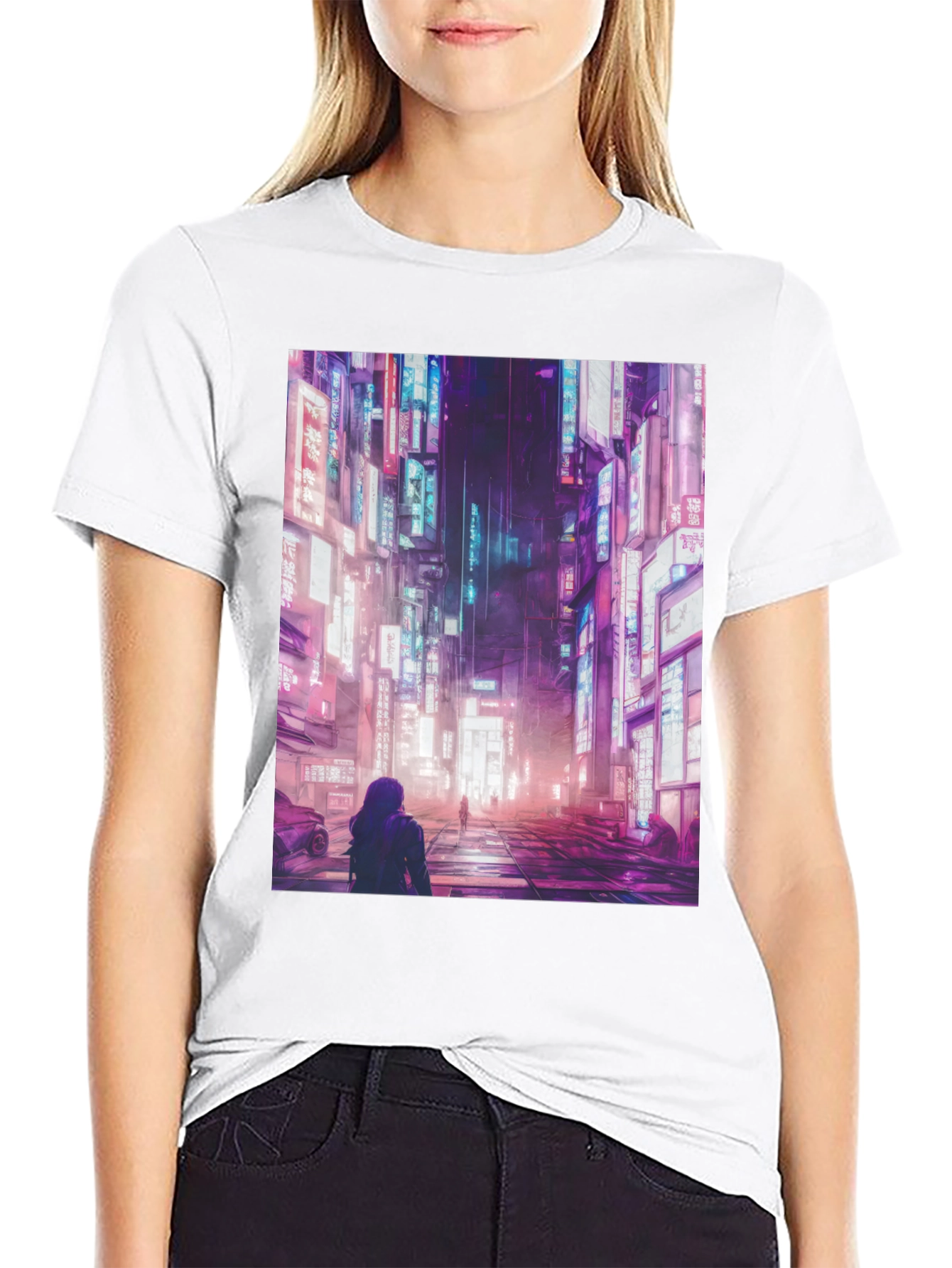 Cyberpunk City Street Black T-Shirt