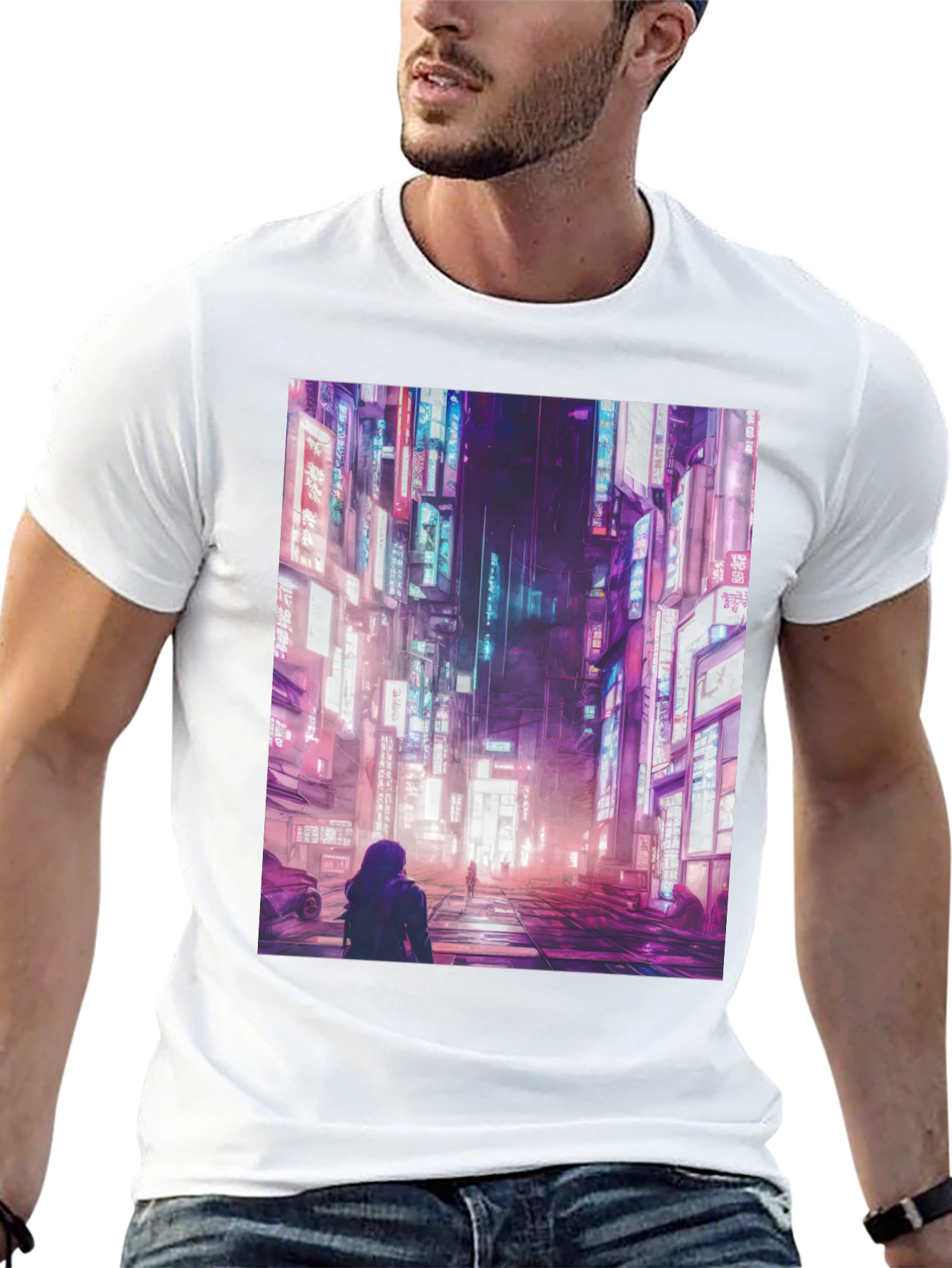 Cyberpunk City Street Black T-Shirt