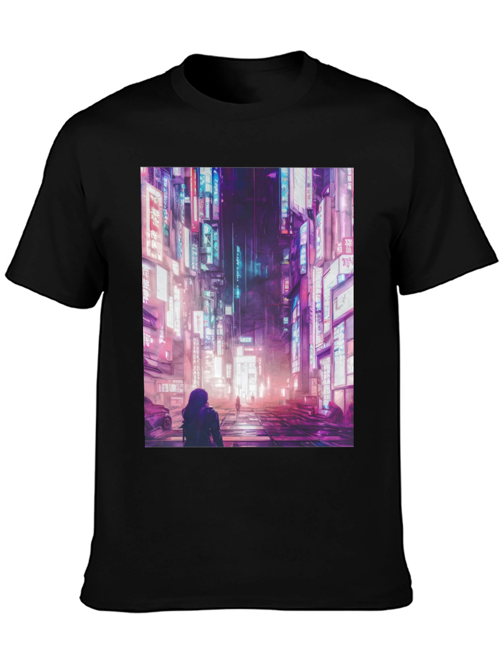 Cyberpunk City Street Black T-Shirt
