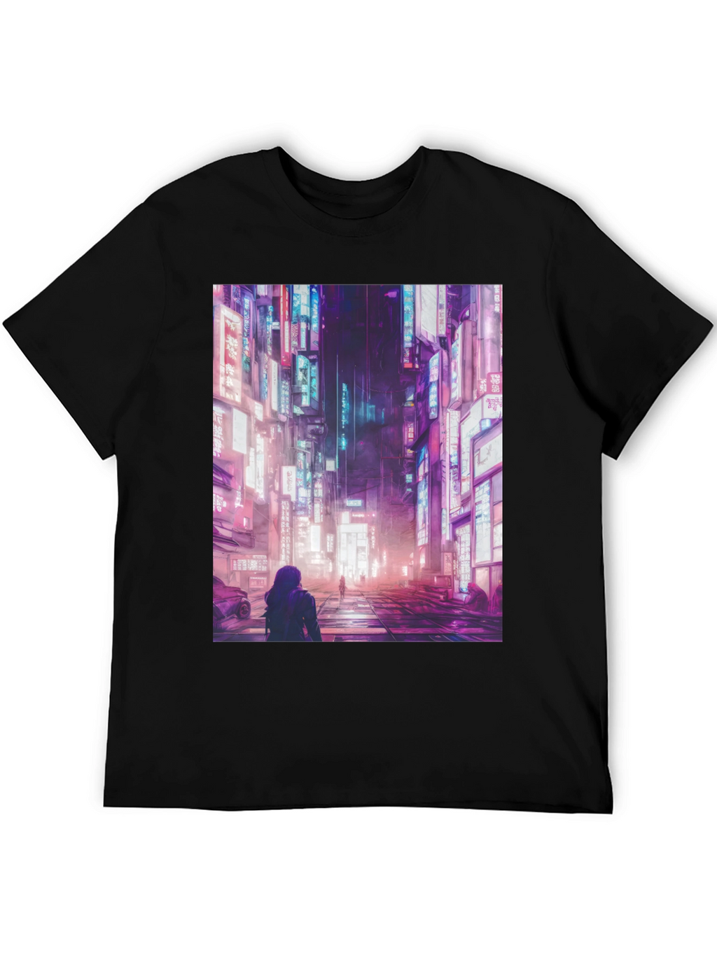 Cyberpunk City Street Black T-Shirt