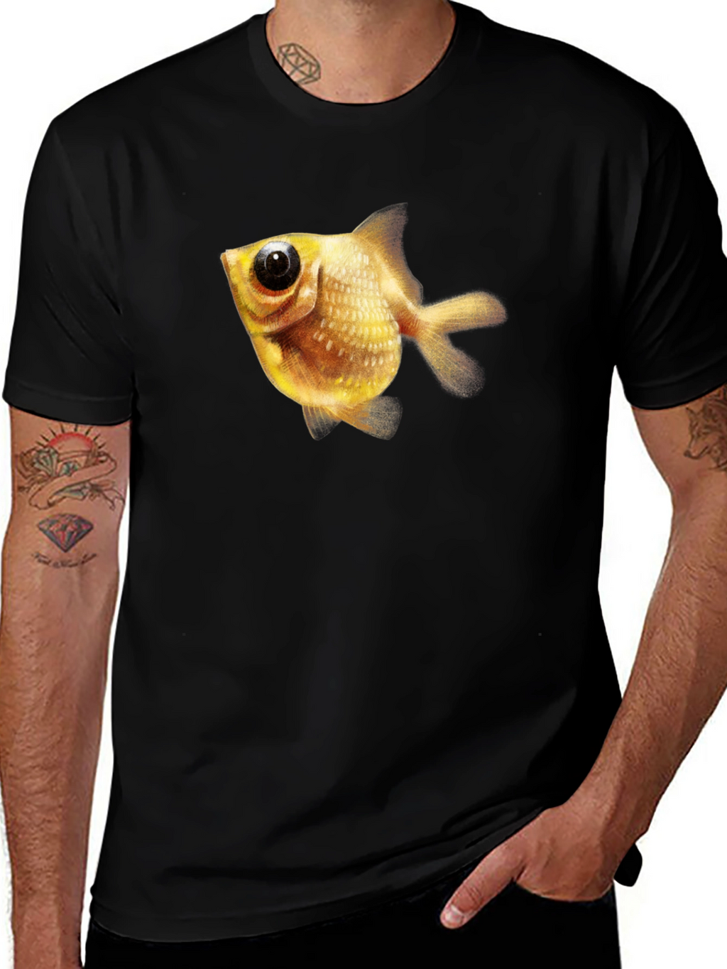 Mens Black T-Shirt with Goldfish Graphic