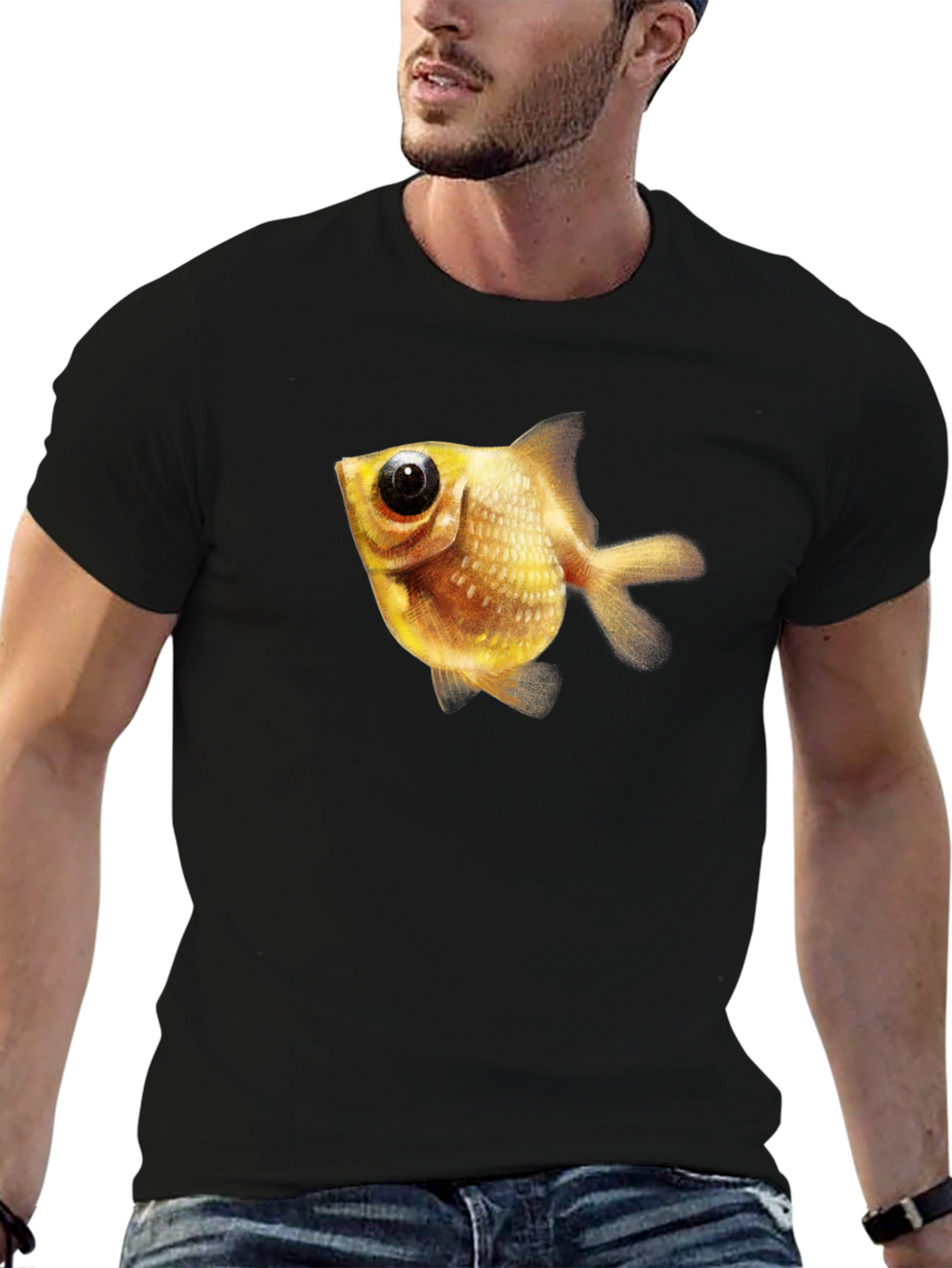 Mens Black T-Shirt with Goldfish Graphic