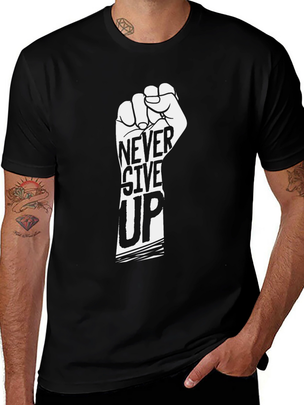 Never Give Up Graphic Tee - Motivational Black T-Shirt
