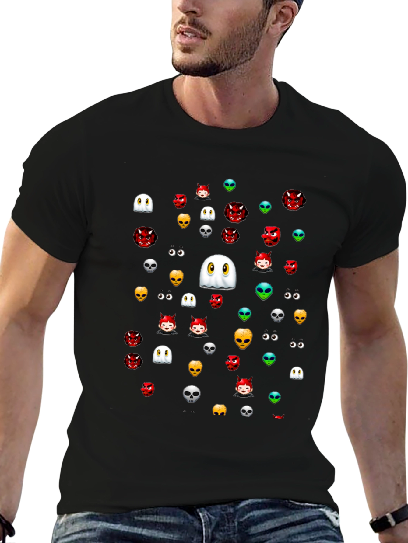 Halloween Emoji Pattern Black T-Shirt