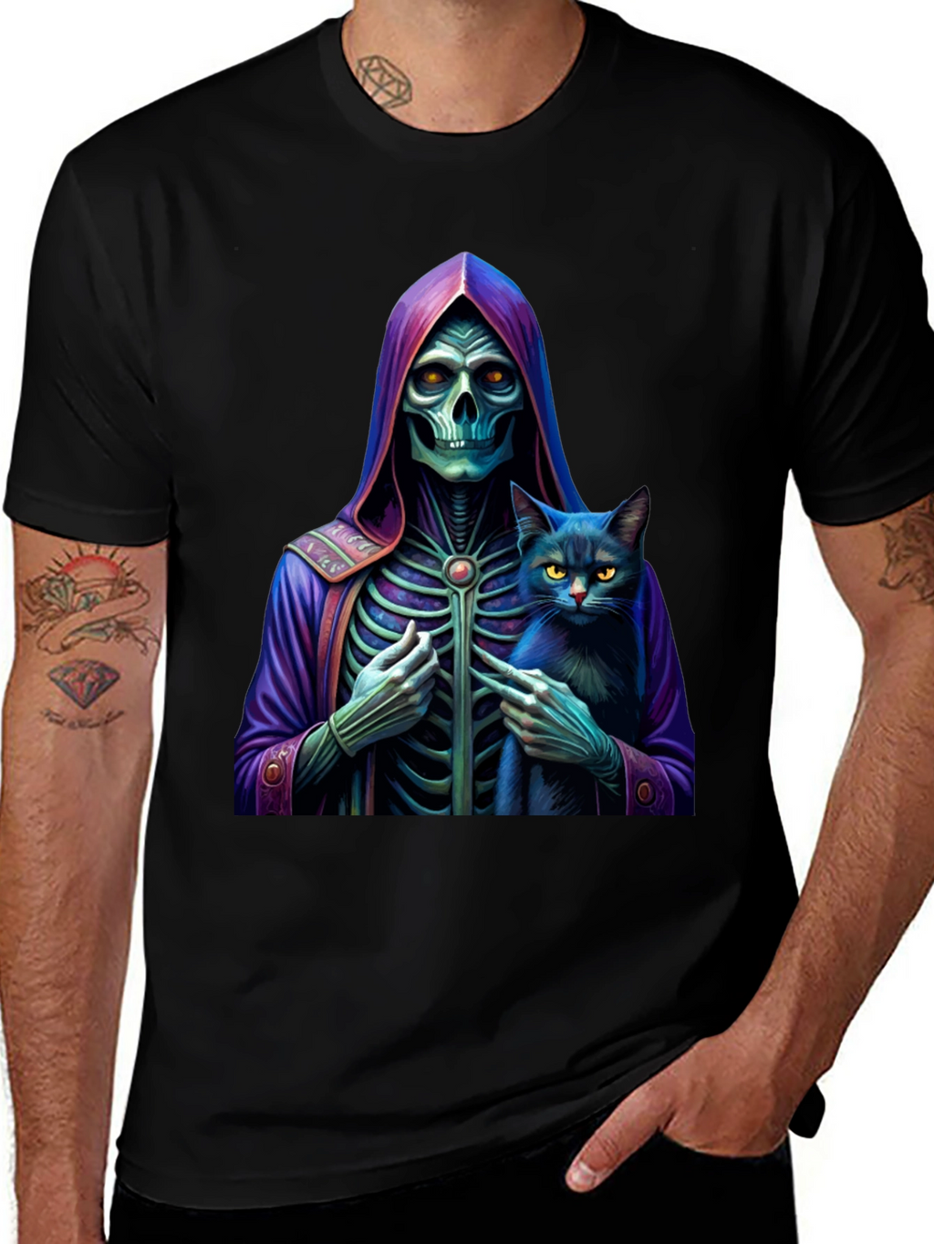 Grim Reaper & Cat Graphic Tee - Unique Design
