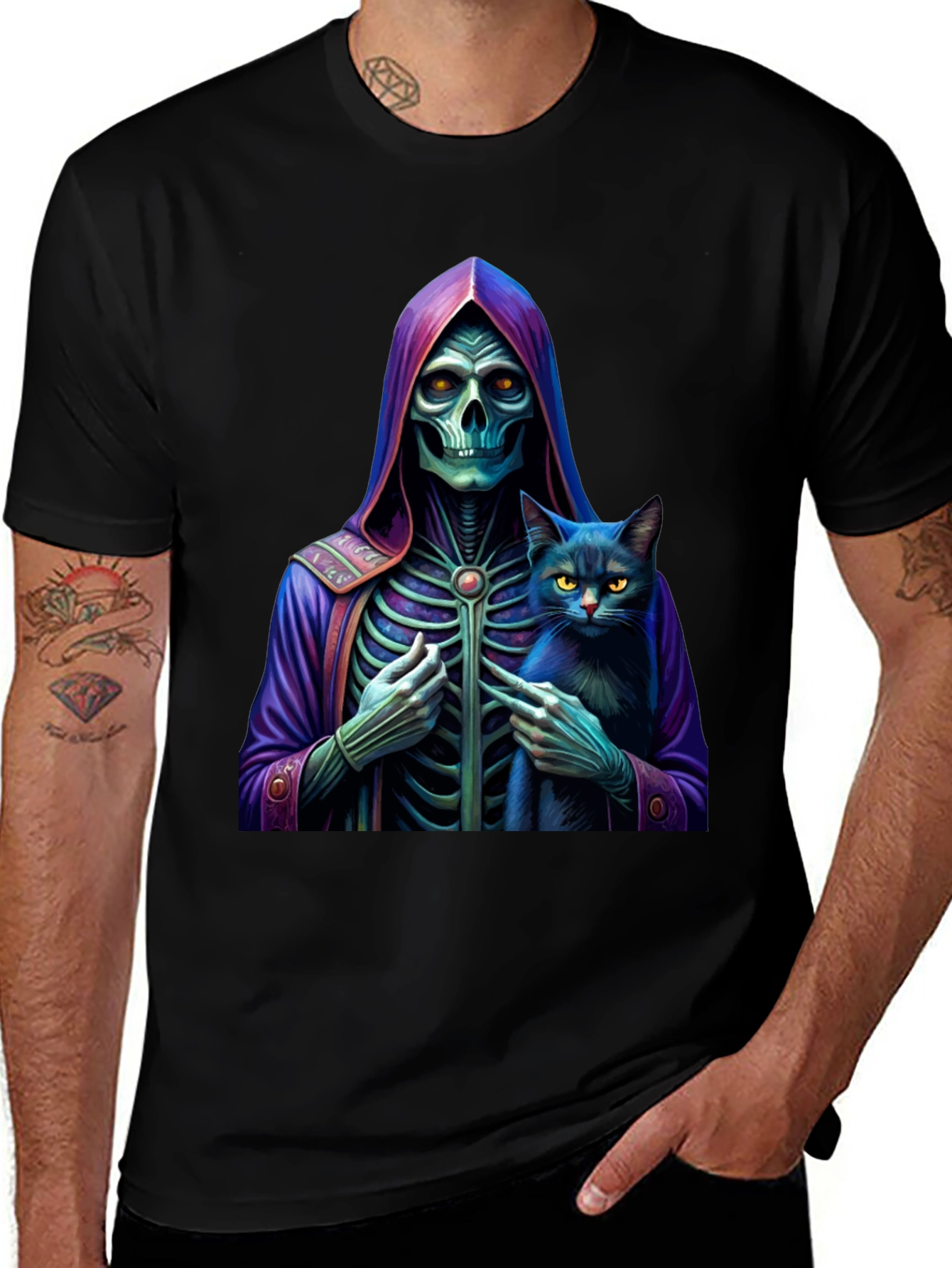 Grim Reaper & Cat Graphic Tee - Unique Design