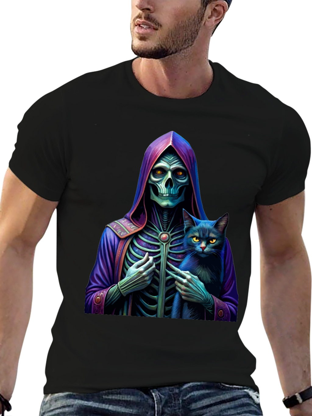 Grim Reaper & Cat Graphic Tee - Unique Design