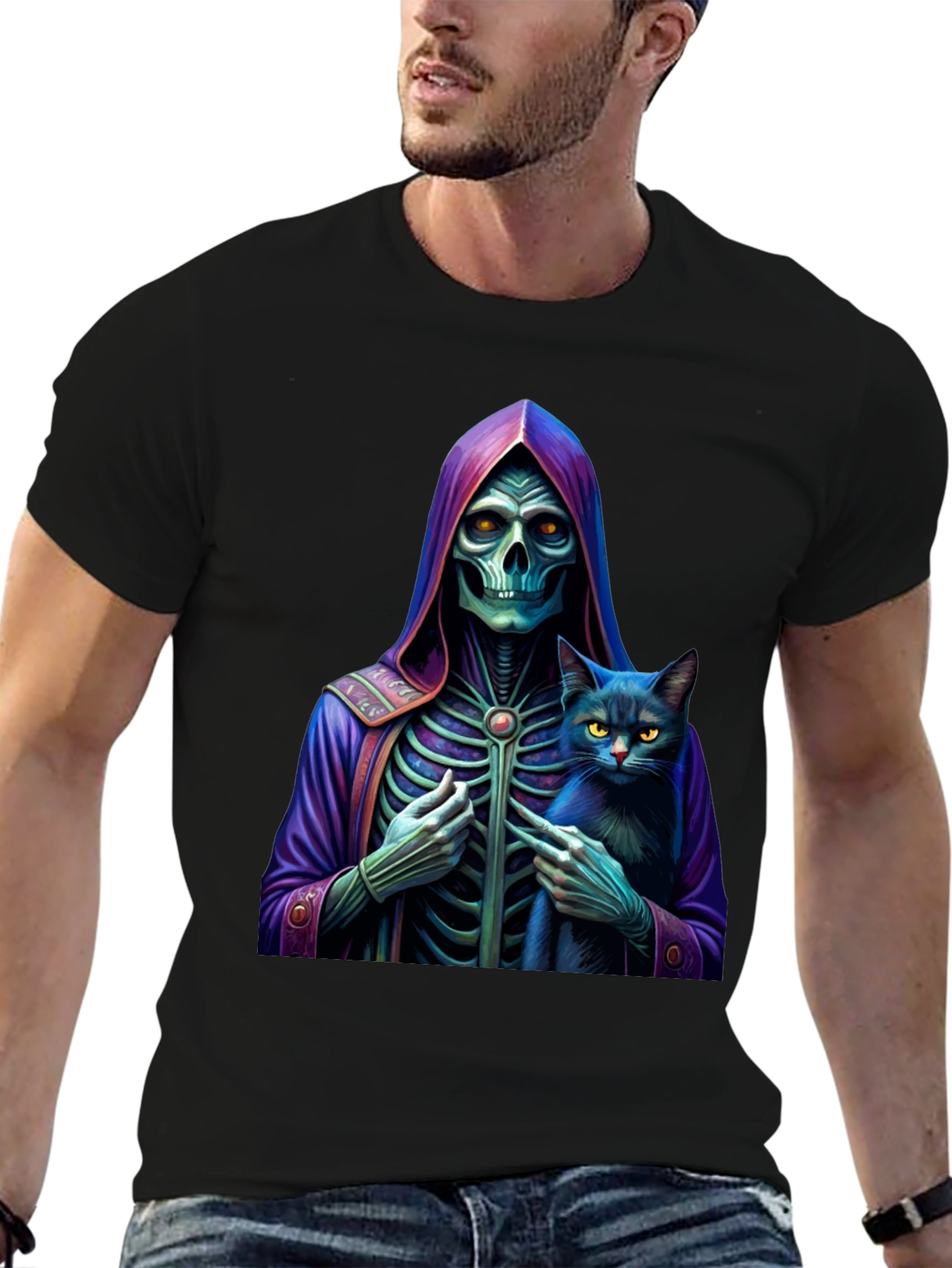Grim Reaper & Cat Graphic Tee - Unique Design