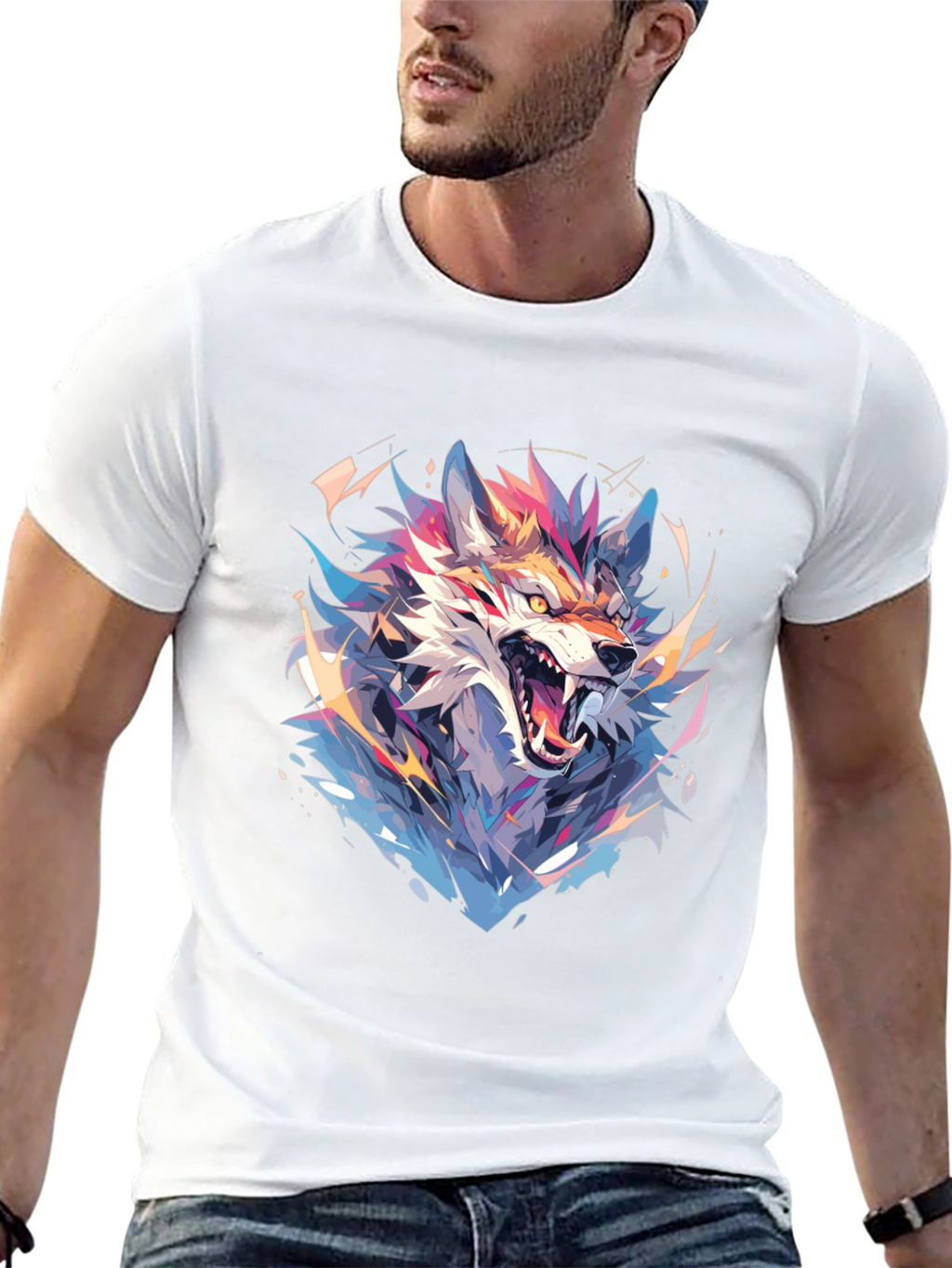 Geometric Wolf Graphic Black T-Shirt