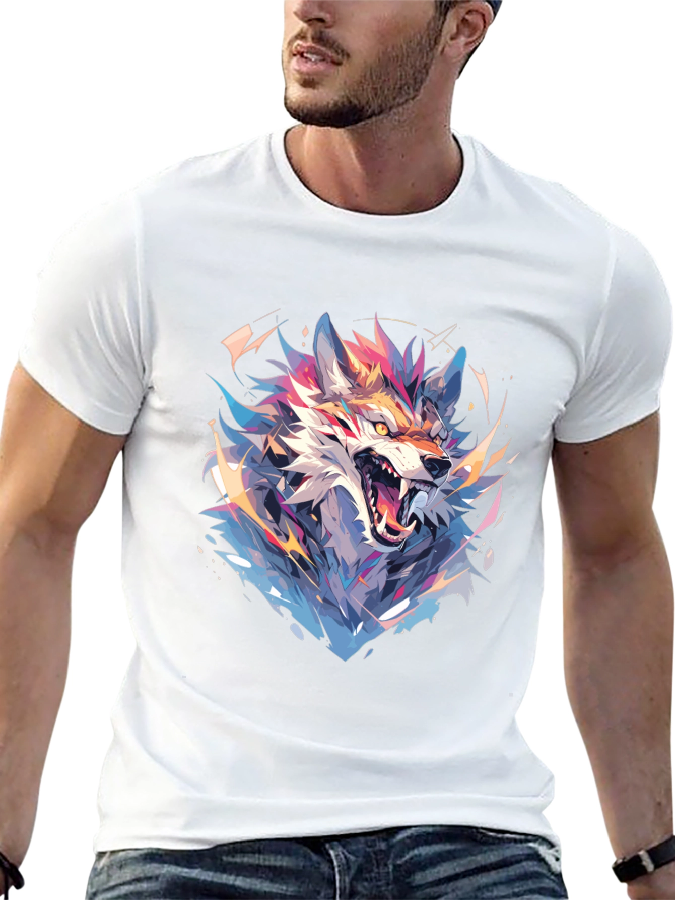Geometric Wolf Graphic Black T-Shirt