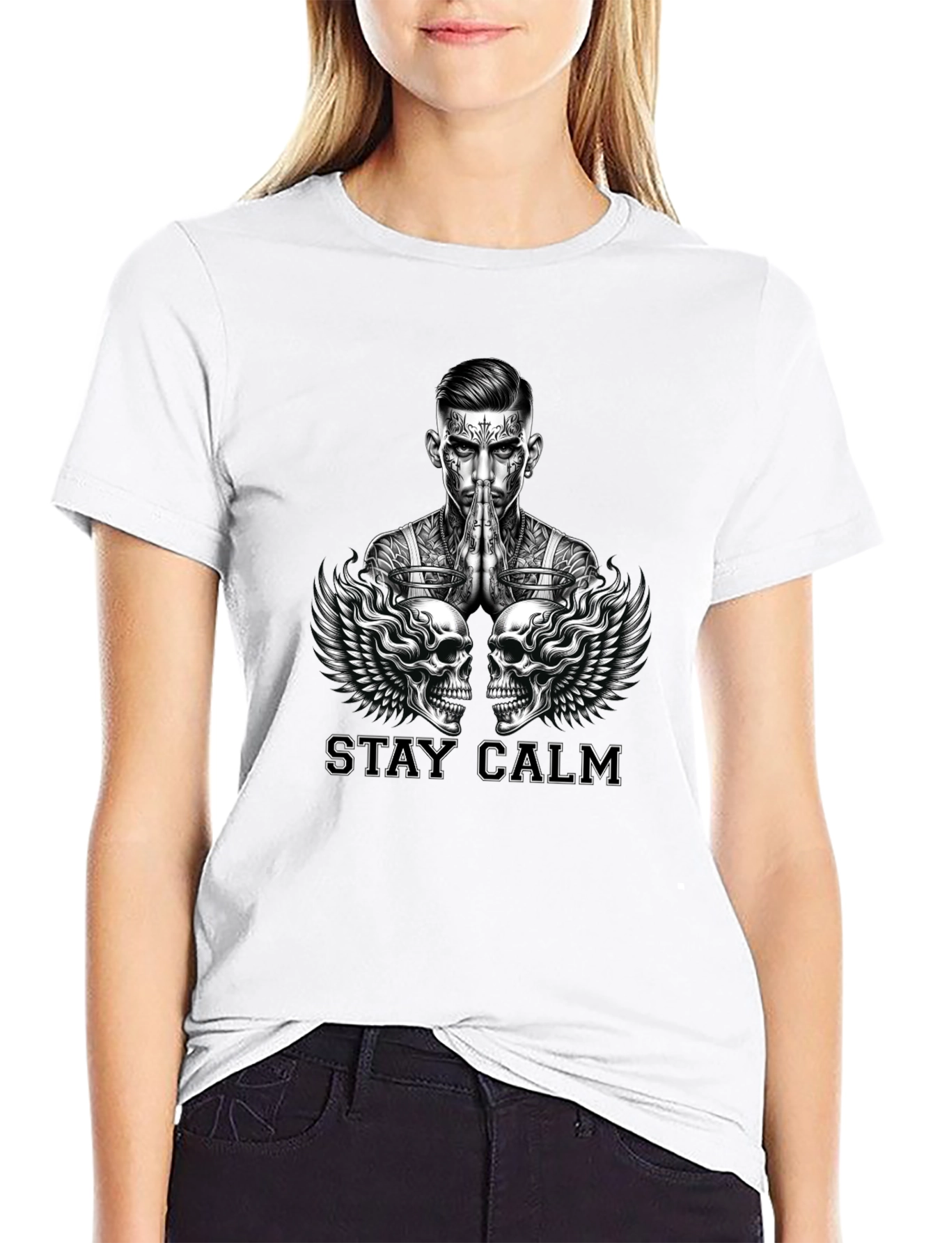 Stay Calm Tattoo Skull Graphic Black T-Shirt
