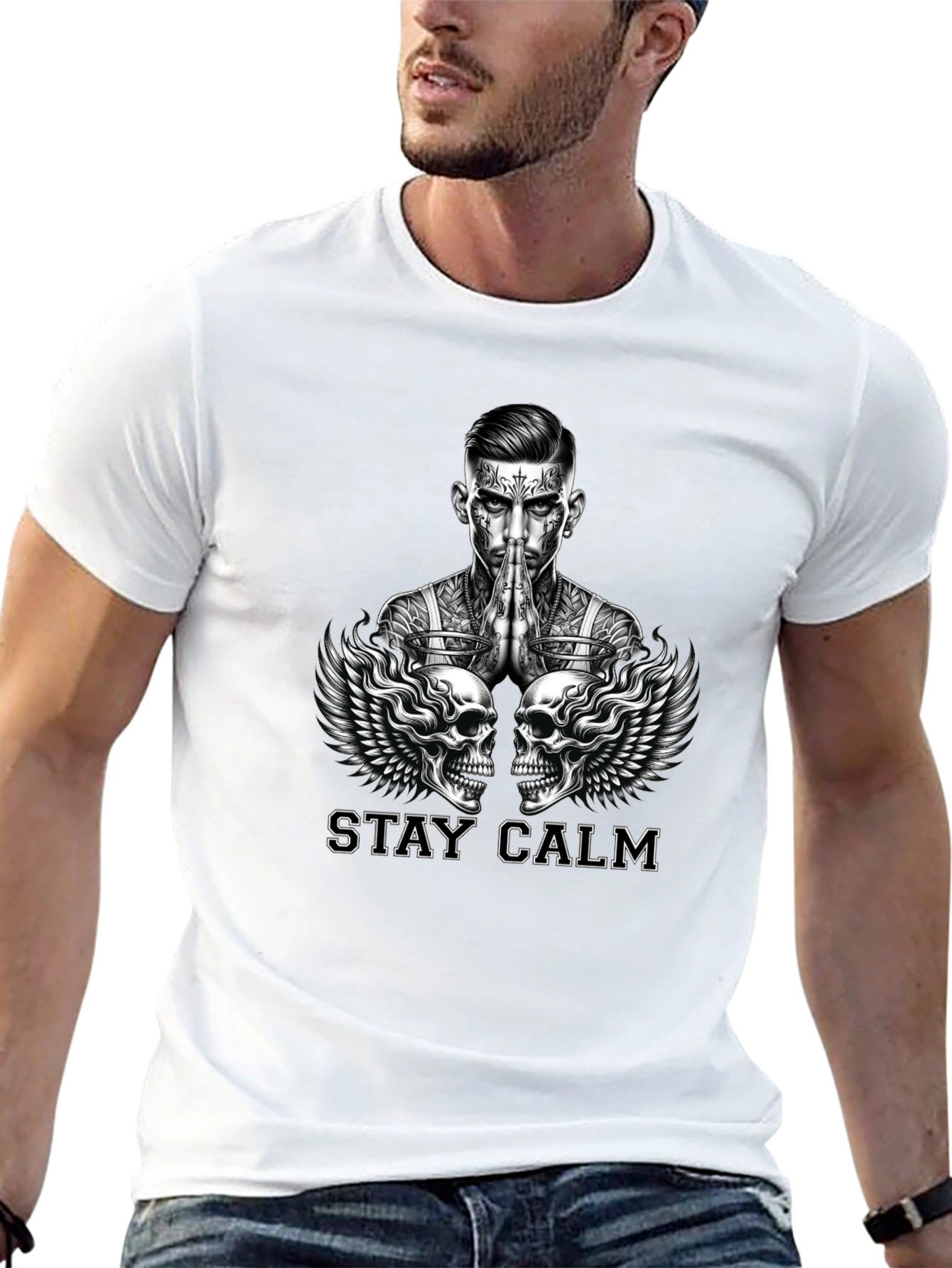 Stay Calm Tattoo Skull Graphic Black T-Shirt