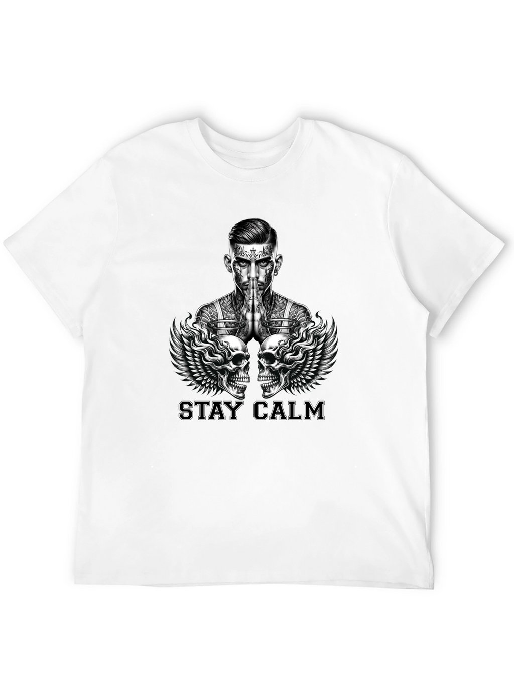Stay Calm Tattoo Skull Graphic Black T-Shirt