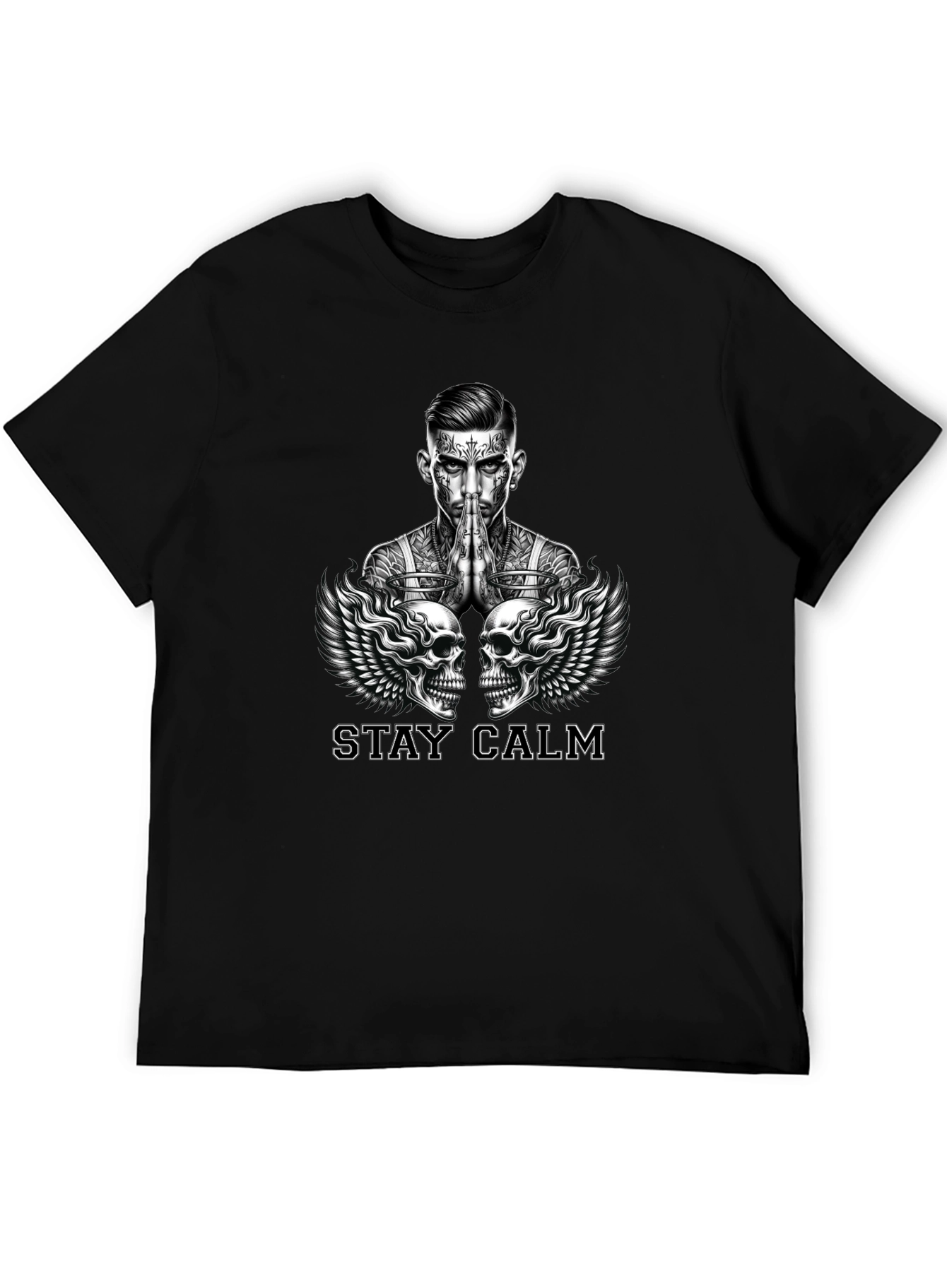 Stay Calm Tattoo Skull Graphic Black T-Shirt
