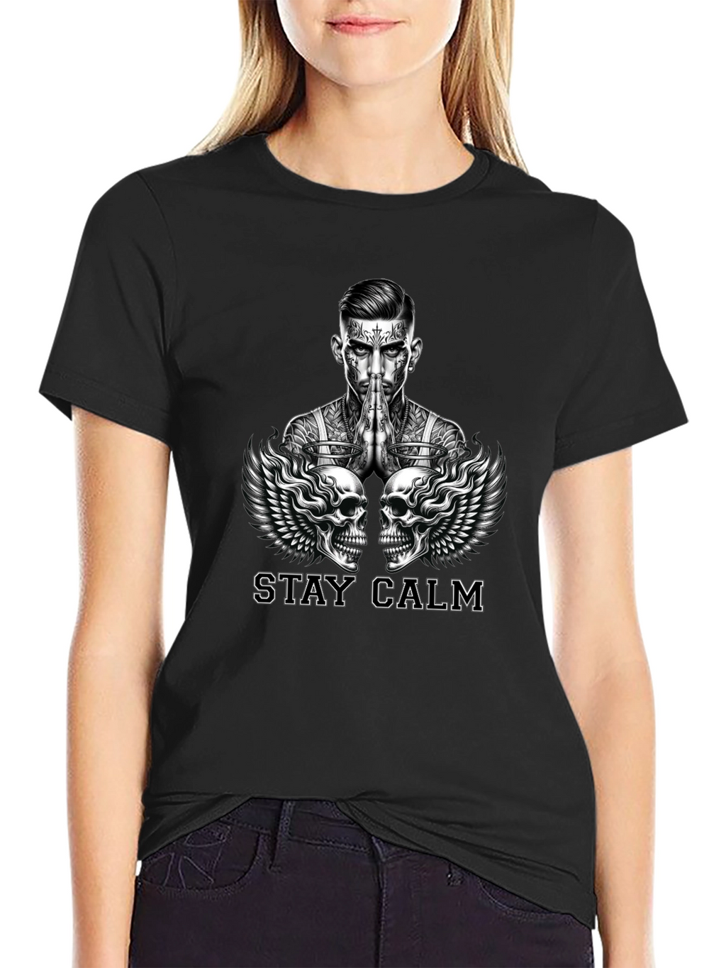 Stay Calm Tattoo Skull Graphic Black T-Shirt