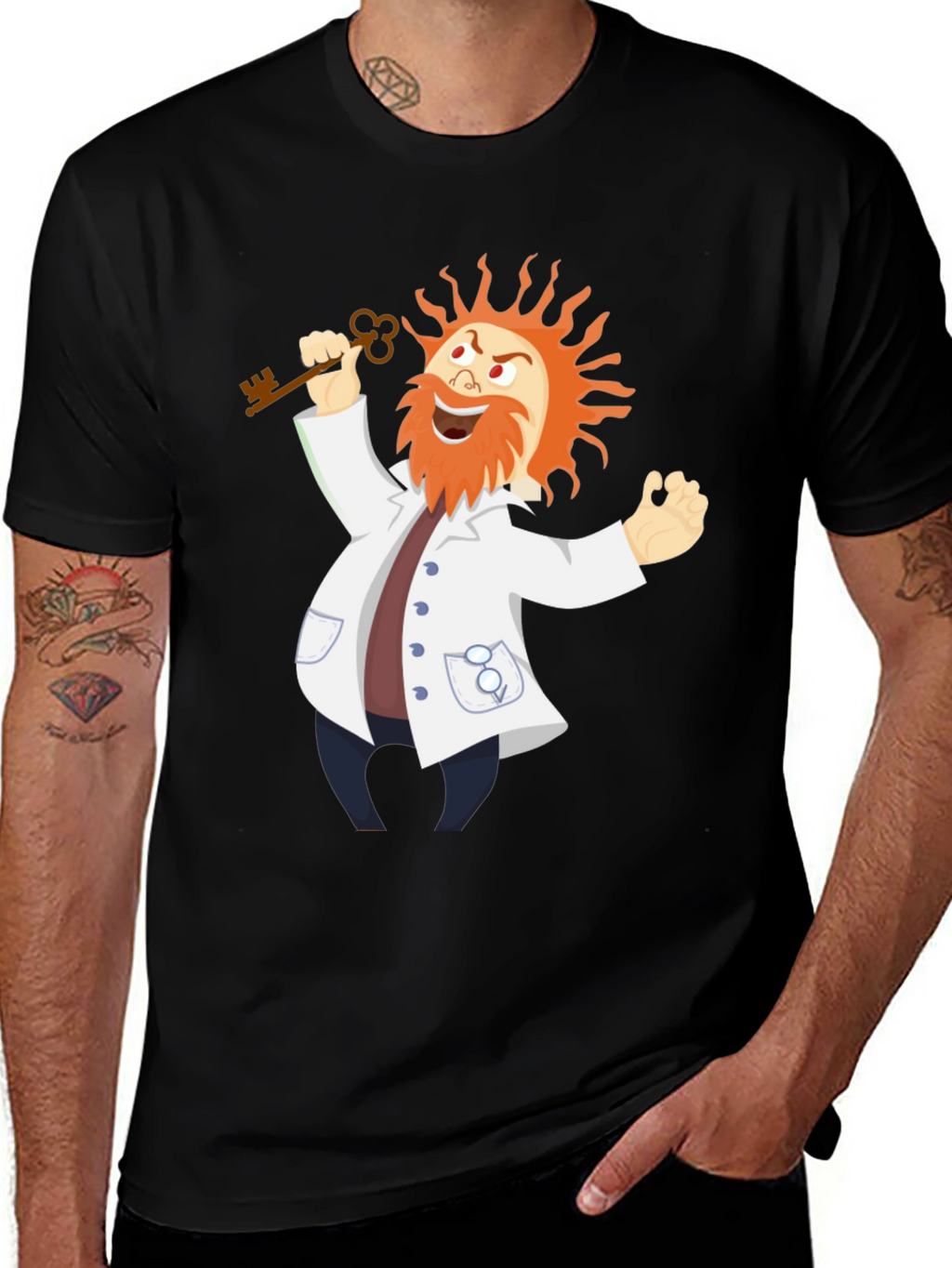 Mad Scientist Cartoon Graphic Black T-Shirt