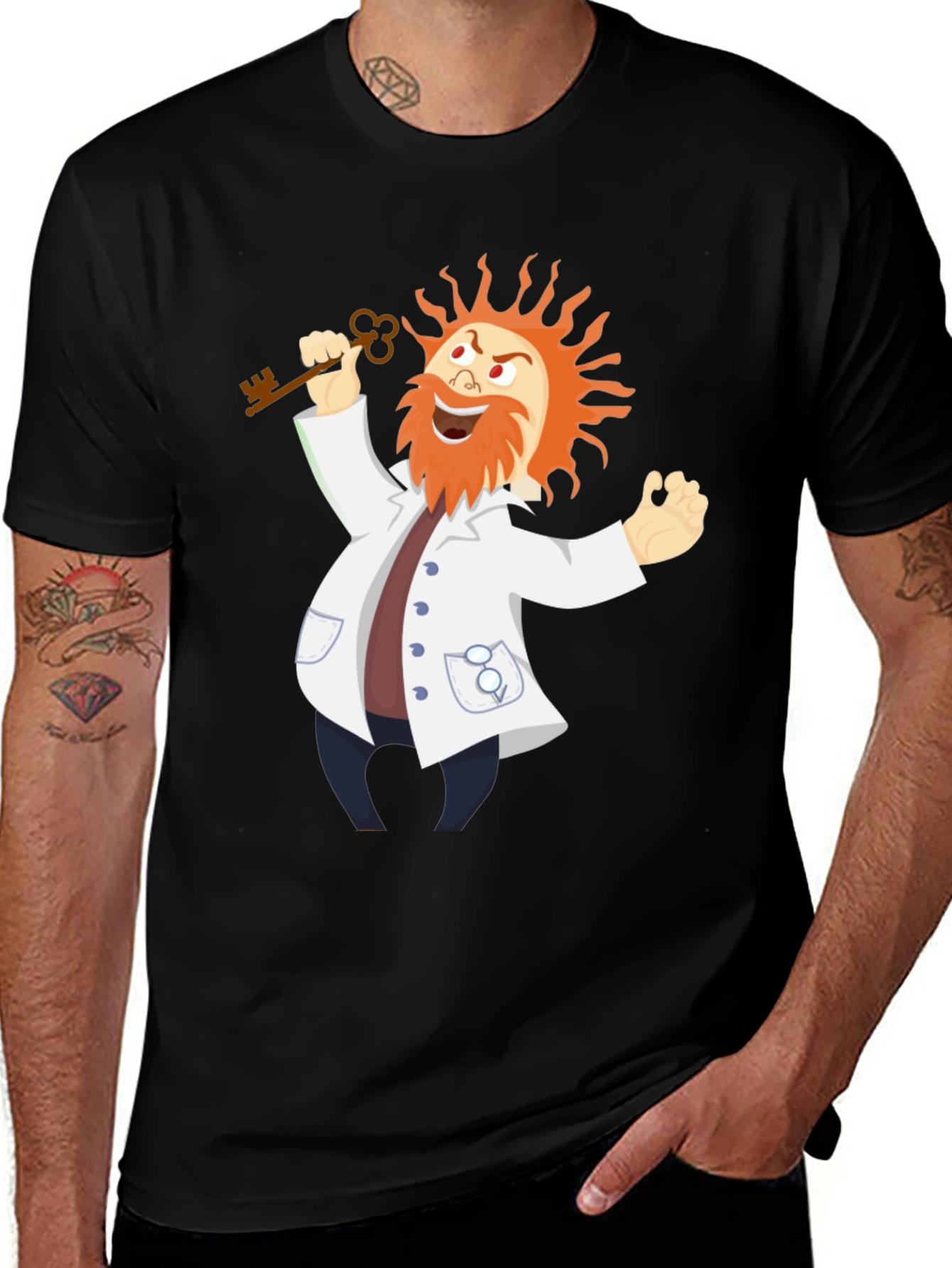 Mad Scientist Cartoon Graphic Black T-Shirt