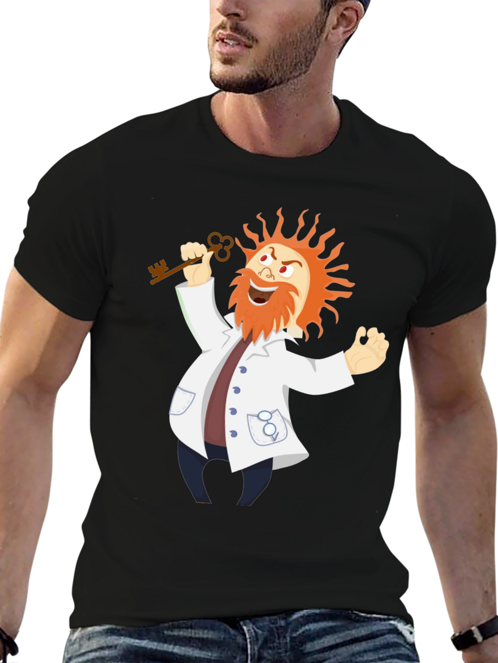 Mad Scientist Cartoon Graphic Black T-Shirt