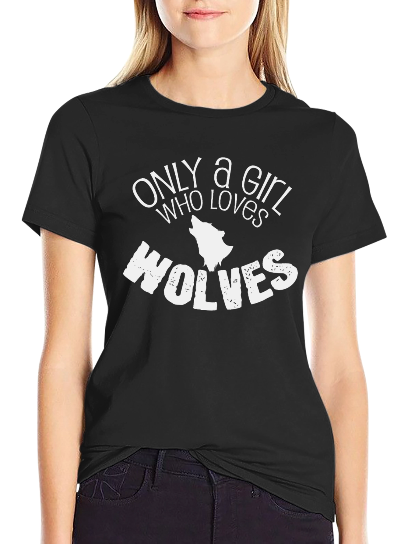Only a Girl Who Loves Wolves Black T-Shirt