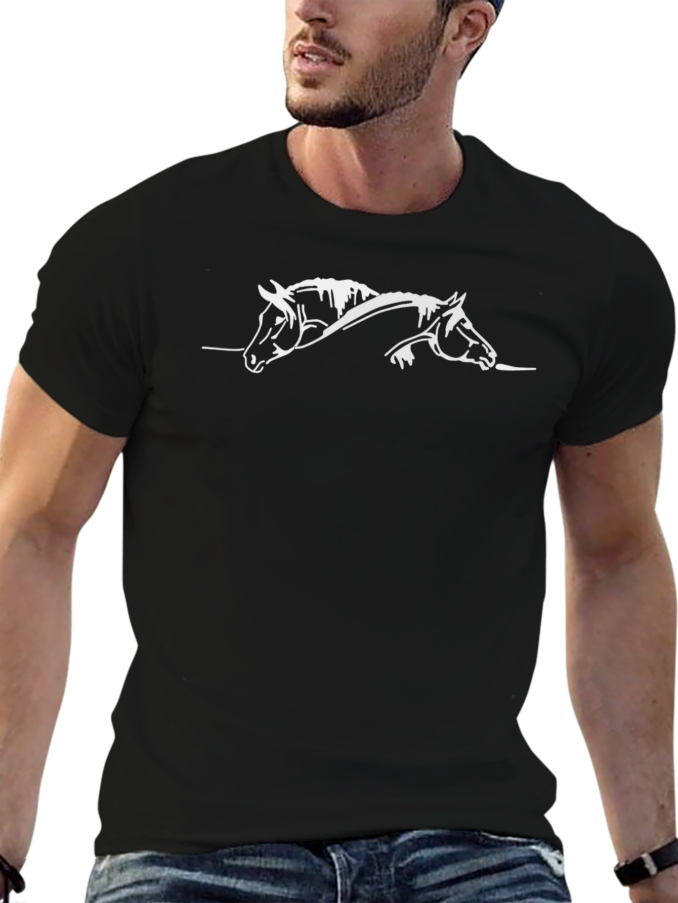 Black T-Shirt with White Horse Silhouette Design