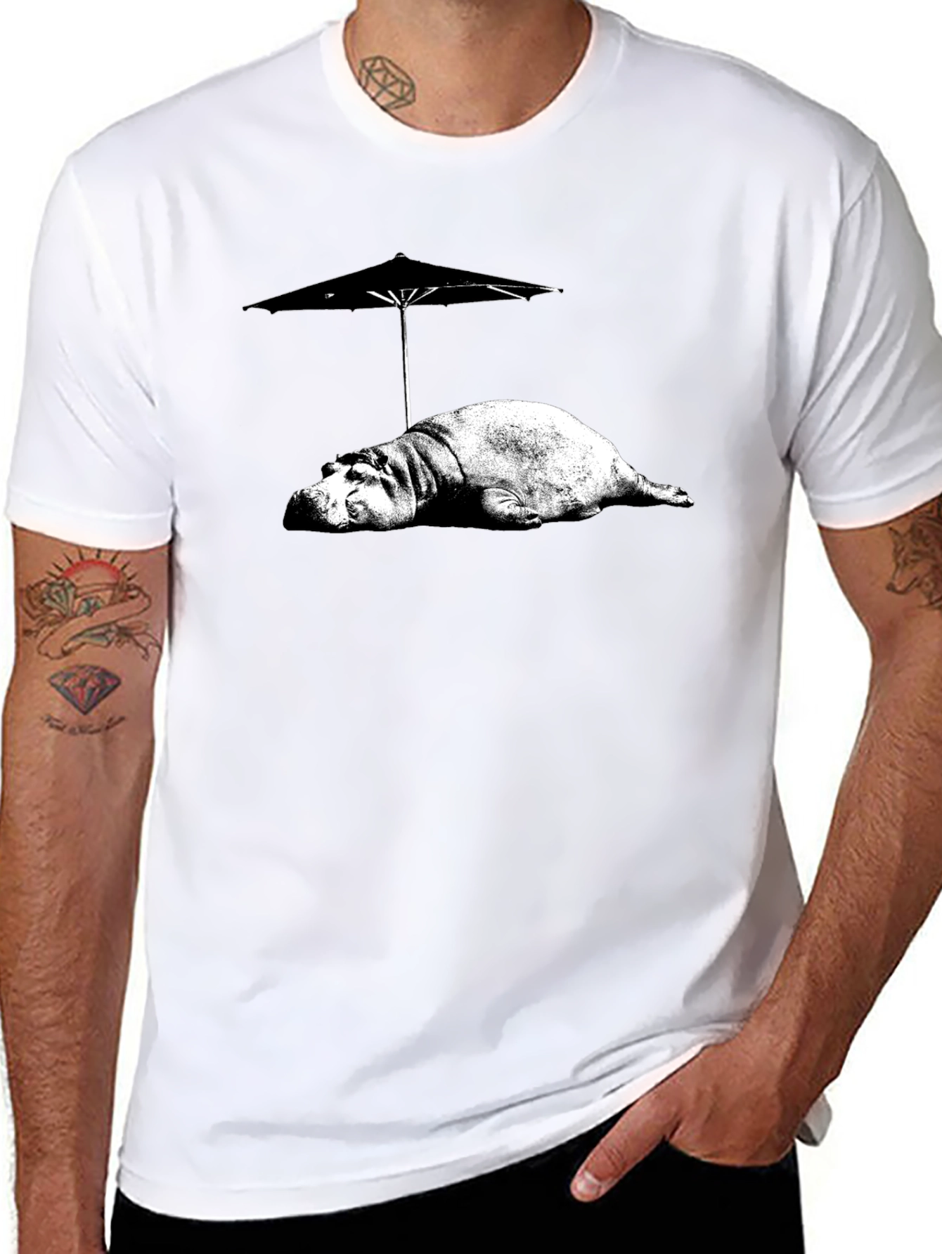 Hippo Under Umbrella Graphic Tee - Relaxed Summer Style