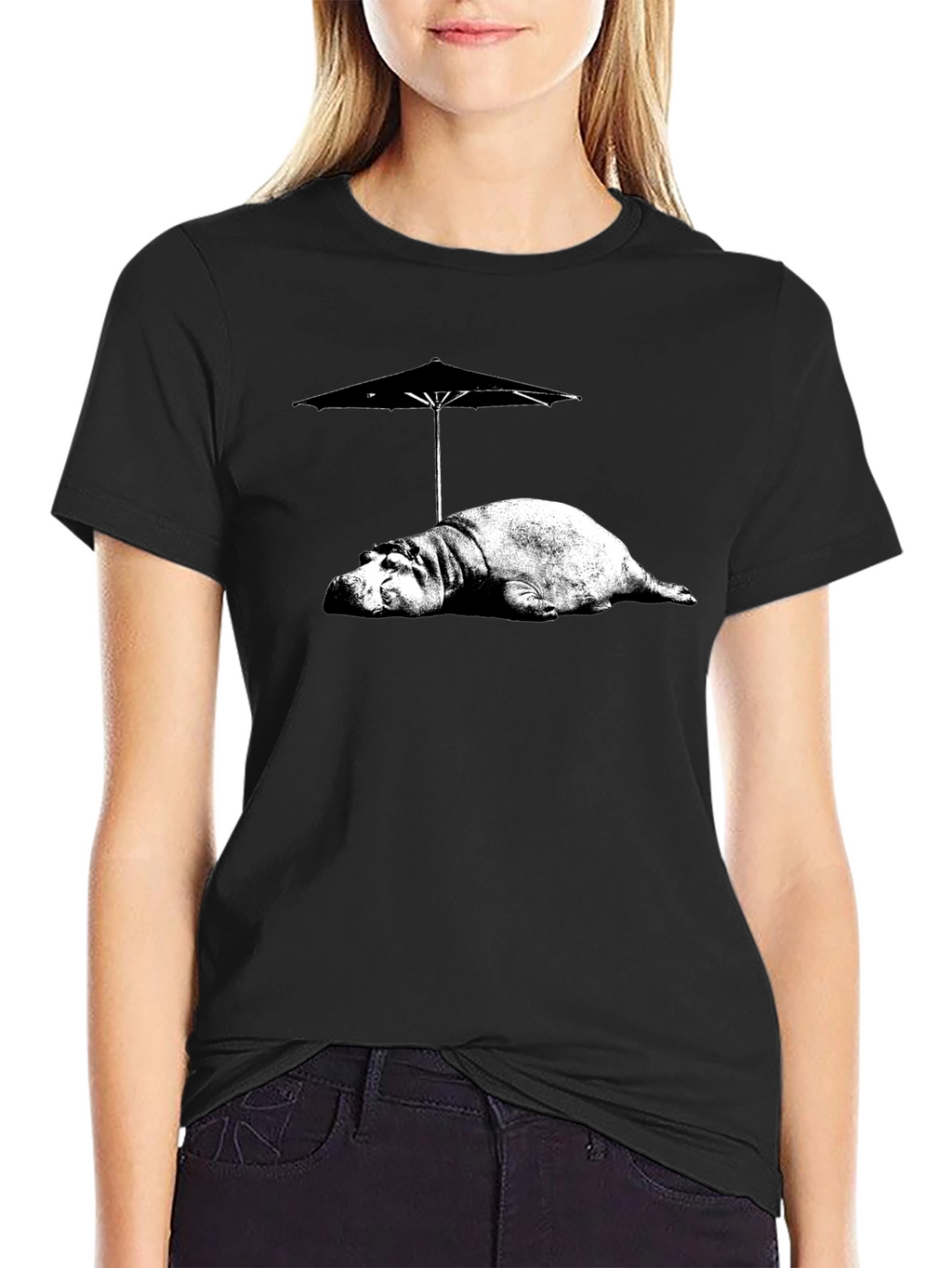 Hippo Under Umbrella Graphic Tee - Relaxed Summer Style