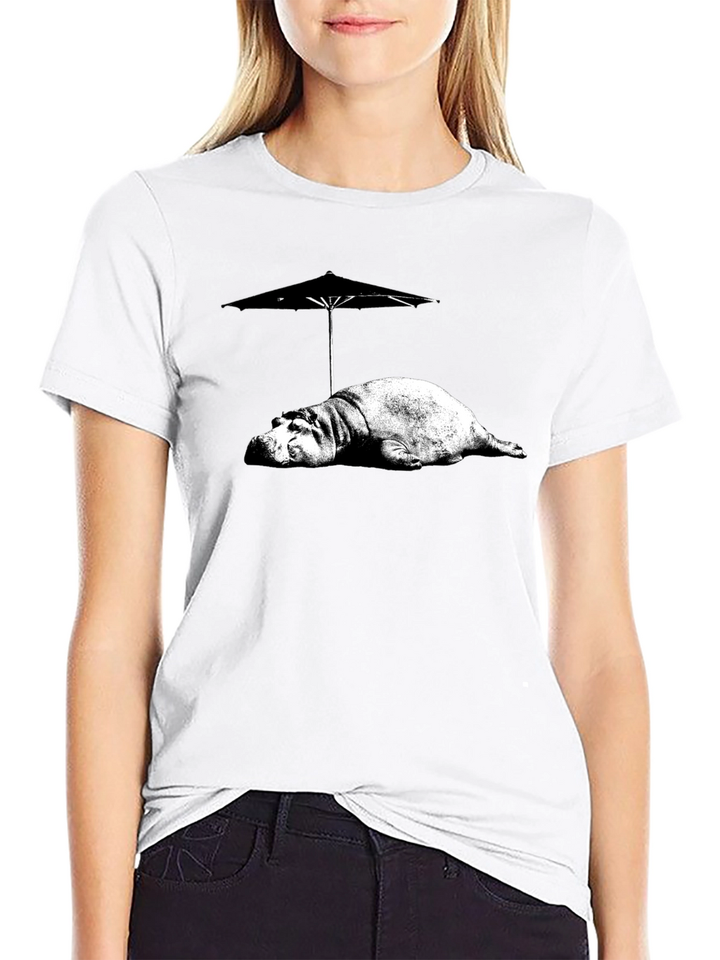 Hippo Under Umbrella Graphic Tee - Relaxed Summer Style