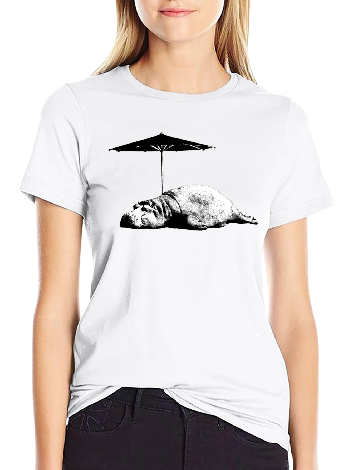 Hippo Under Umbrella Graphic Tee - Relaxed Summer Style