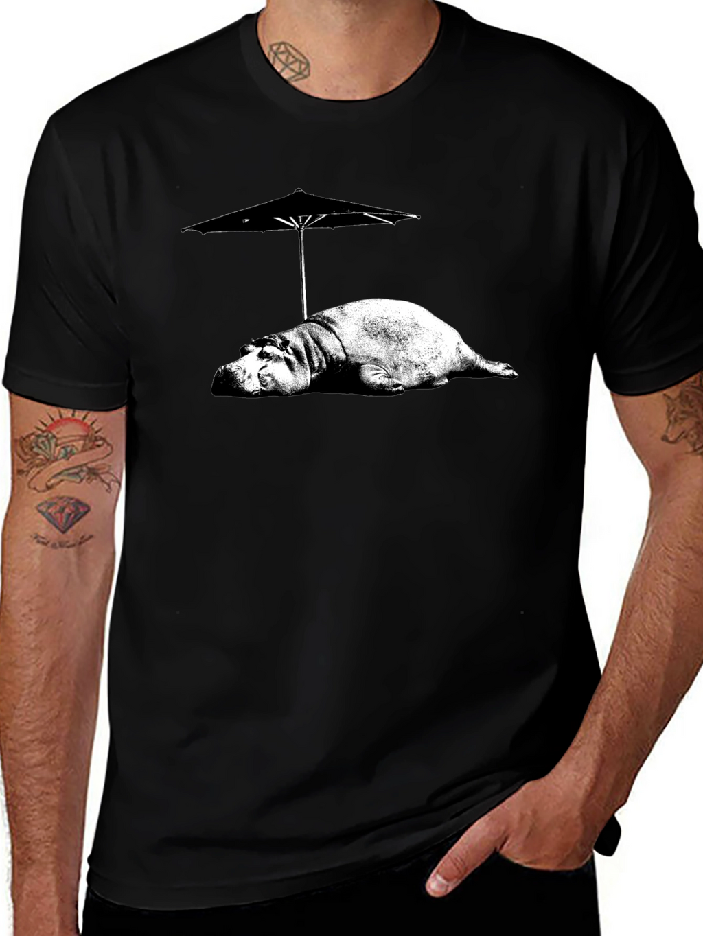 Hippo Under Umbrella Graphic Tee - Relaxed Summer Style