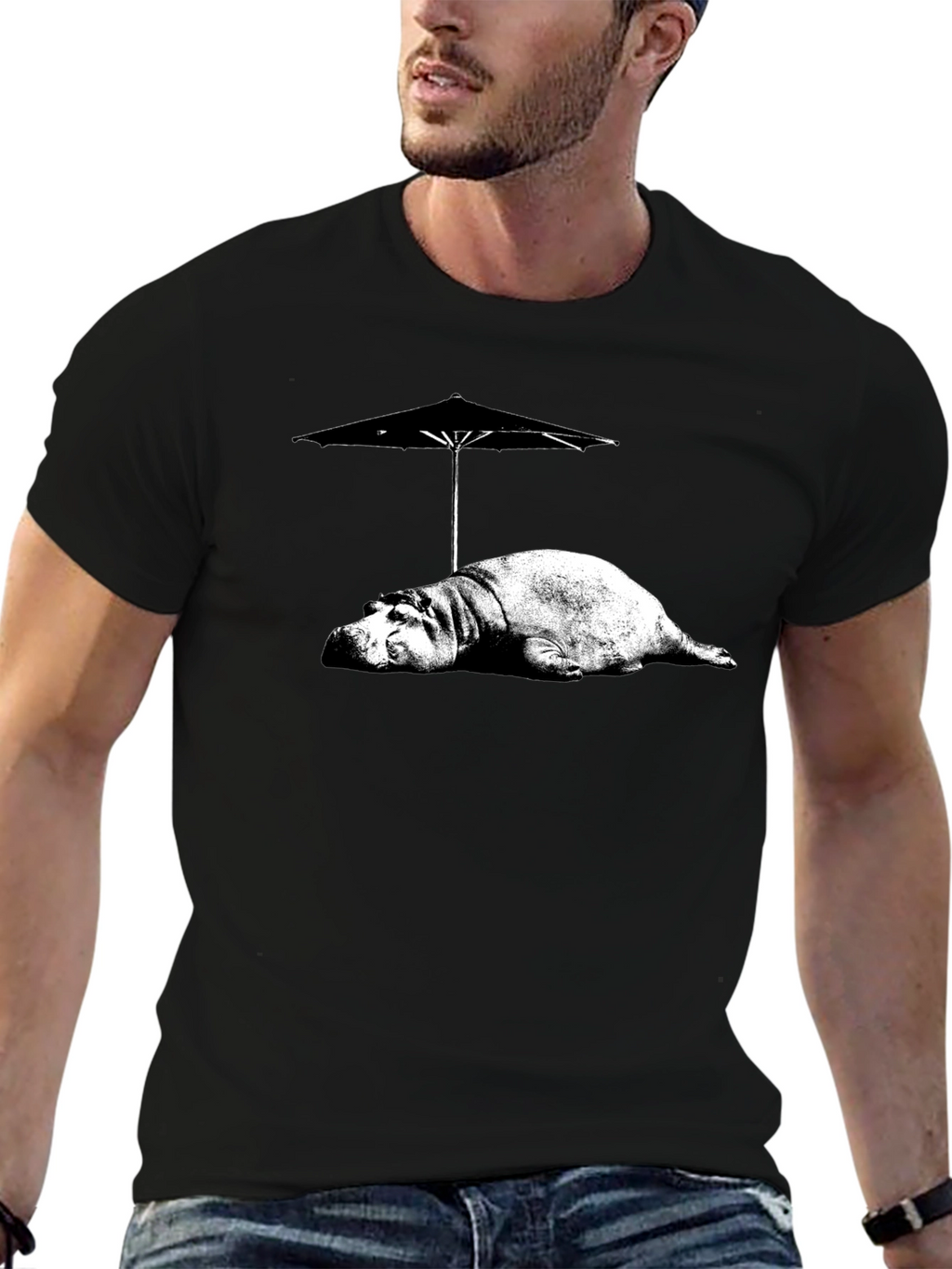 Hippo Under Umbrella Graphic Tee - Relaxed Summer Style