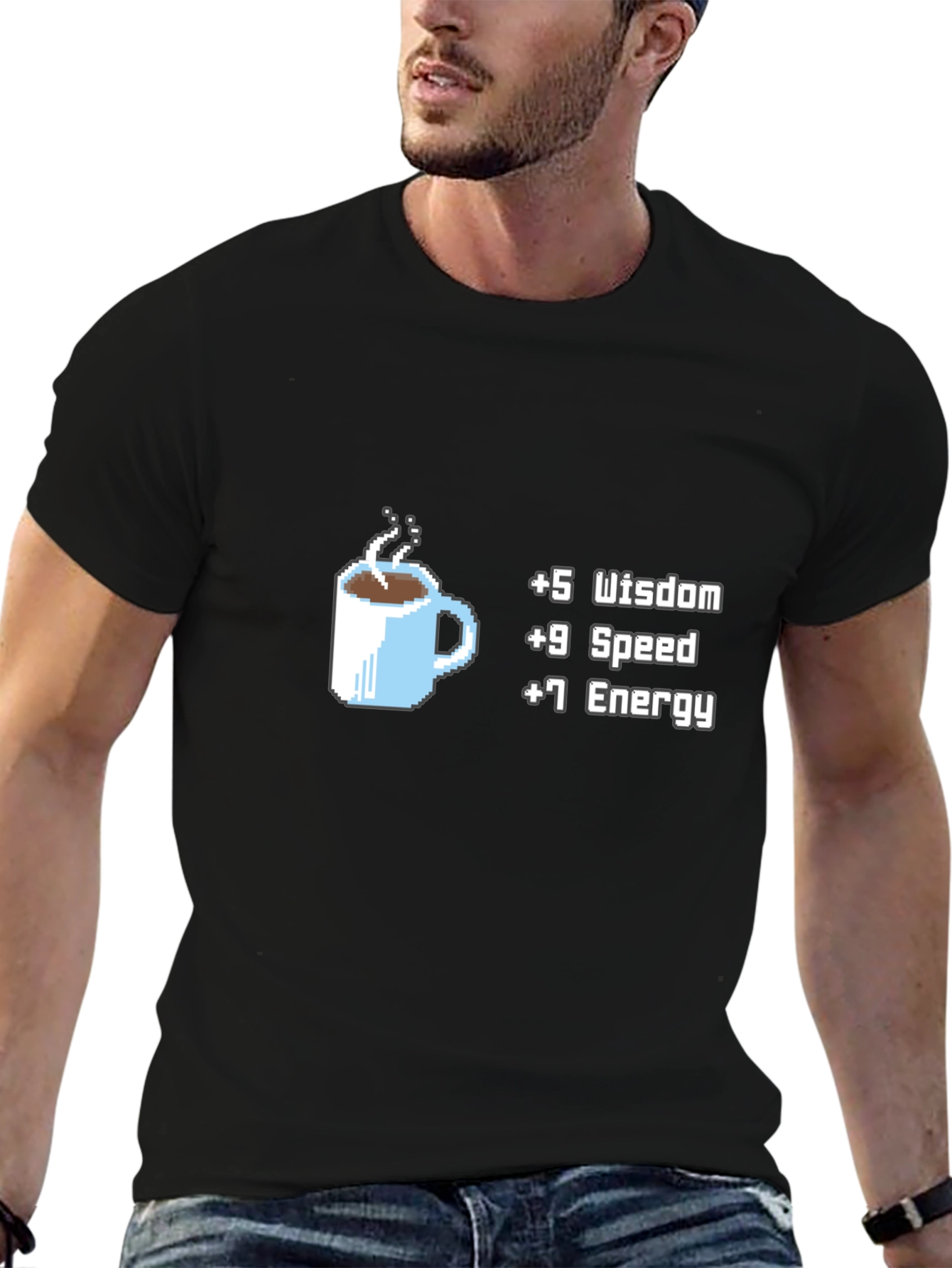 Coffee Stats T-Shirt - +5 Wisdom +9 Speed +7 Energy Black Tee