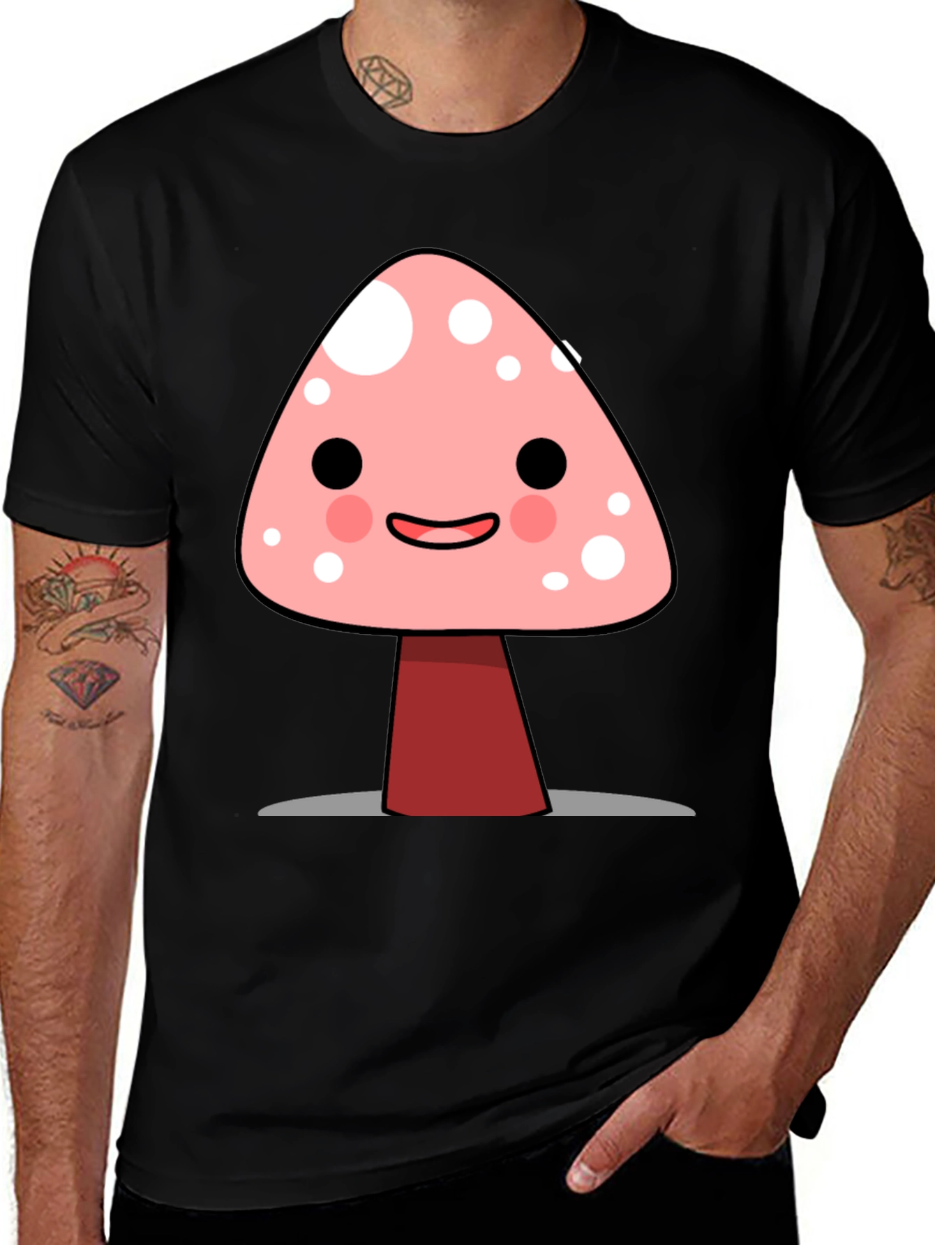 Cute Mushroom Graphic Print Black T-Shirt