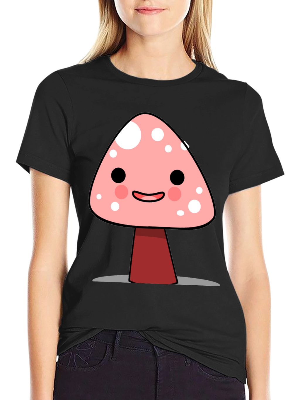 Cute Mushroom Graphic Print Black T-Shirt