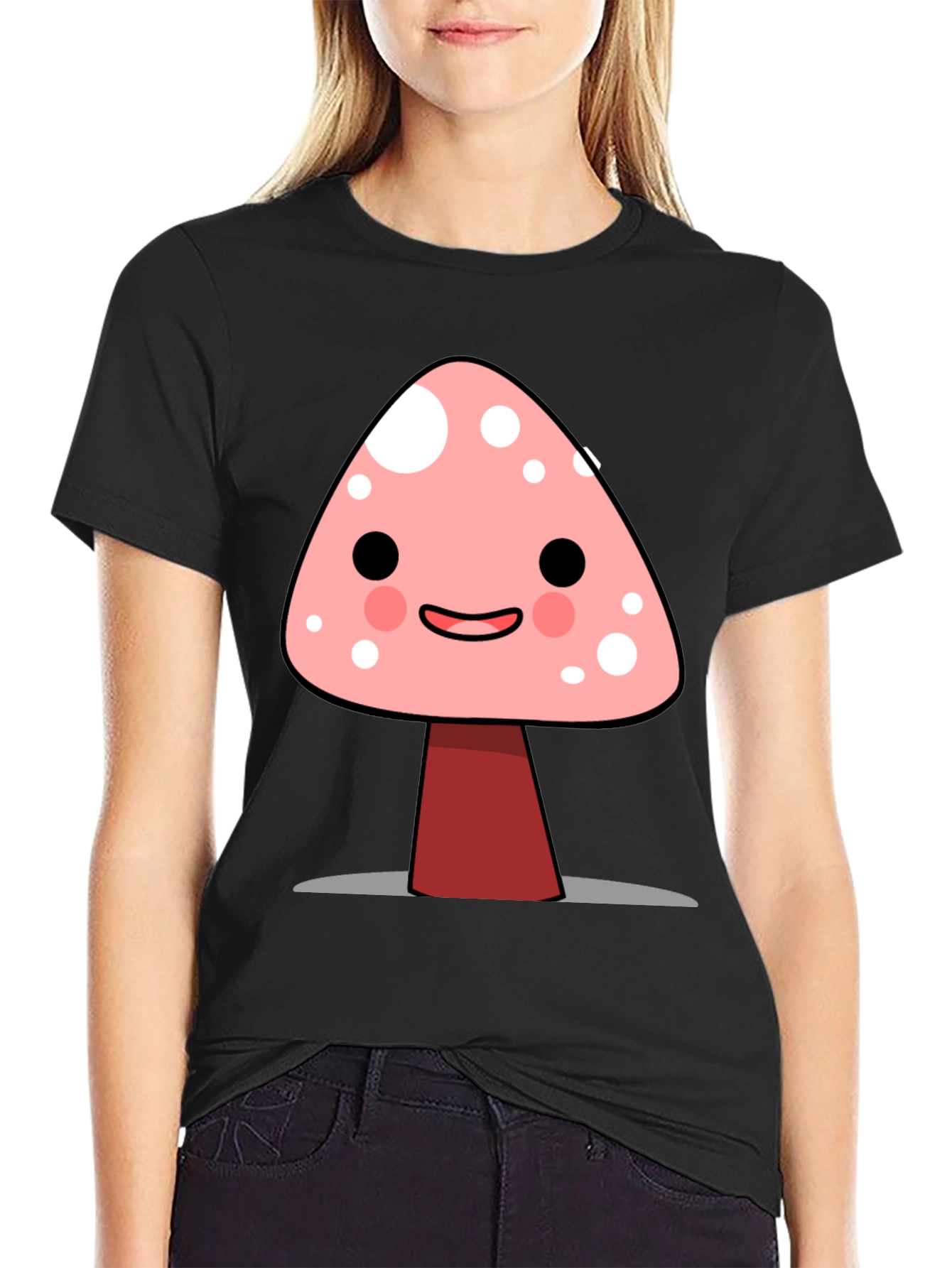 Cute Mushroom Graphic Print Black T-Shirt