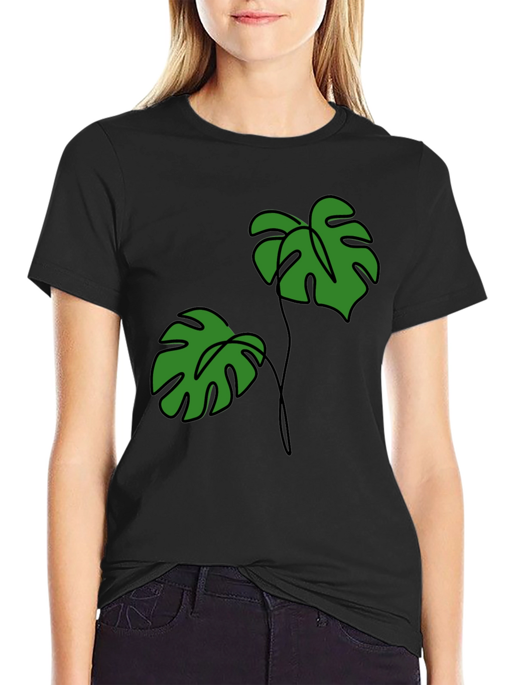 Tropical Monstera Leaf Graphic Tee - Black