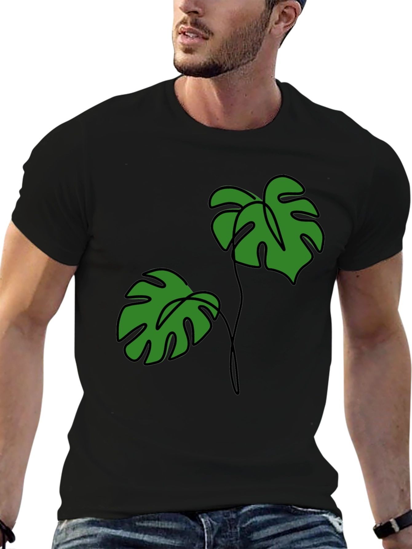 Tropical Monstera Leaf Graphic Tee - Black