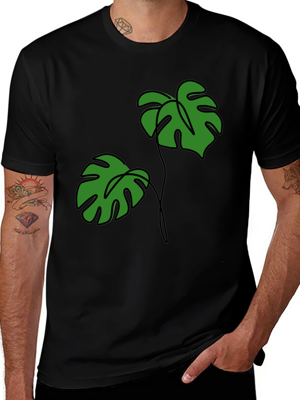 Tropical Monstera Leaf Graphic Tee - Black
