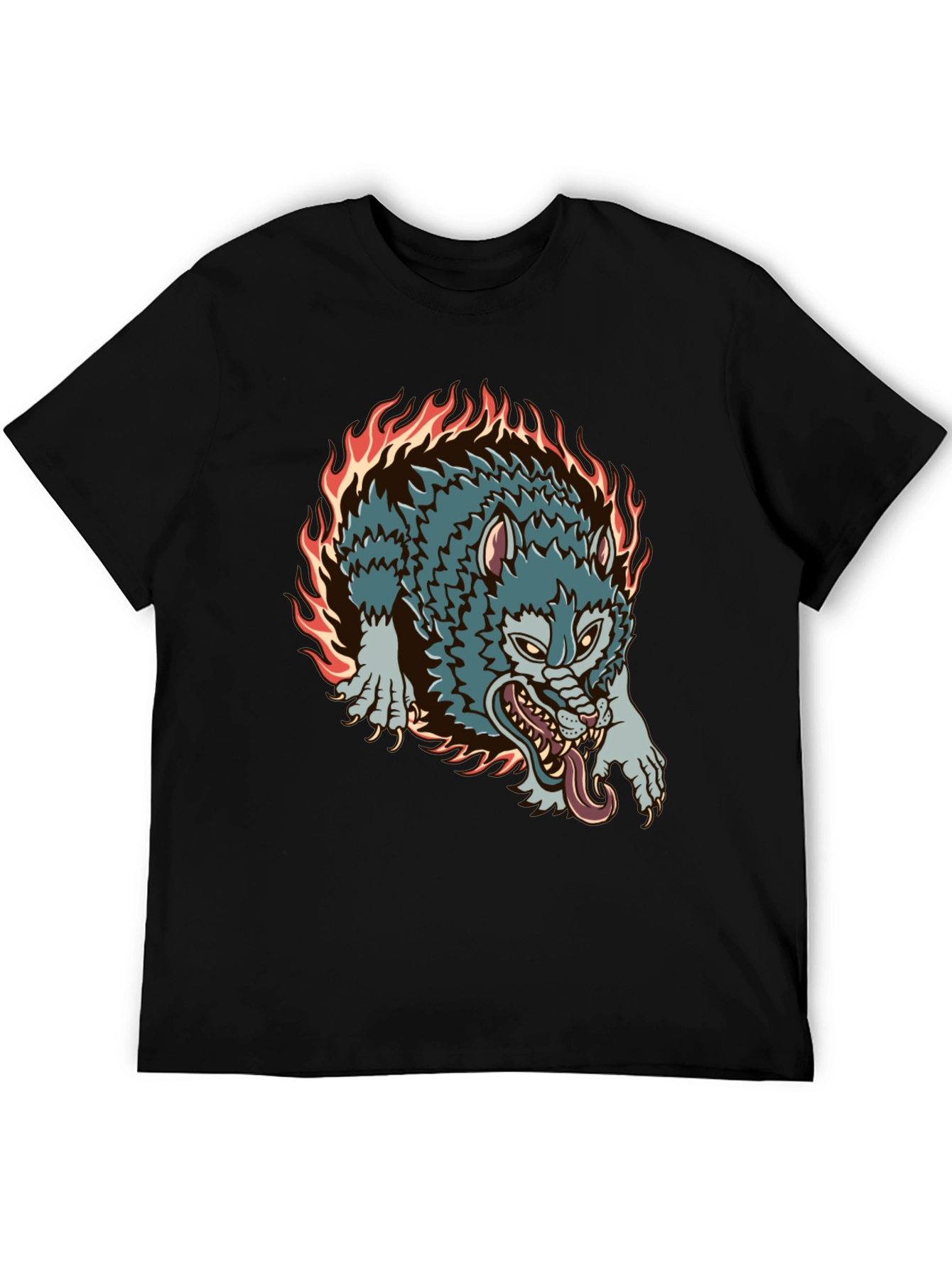 Fiery Wolf Graphic Black T-Shirt