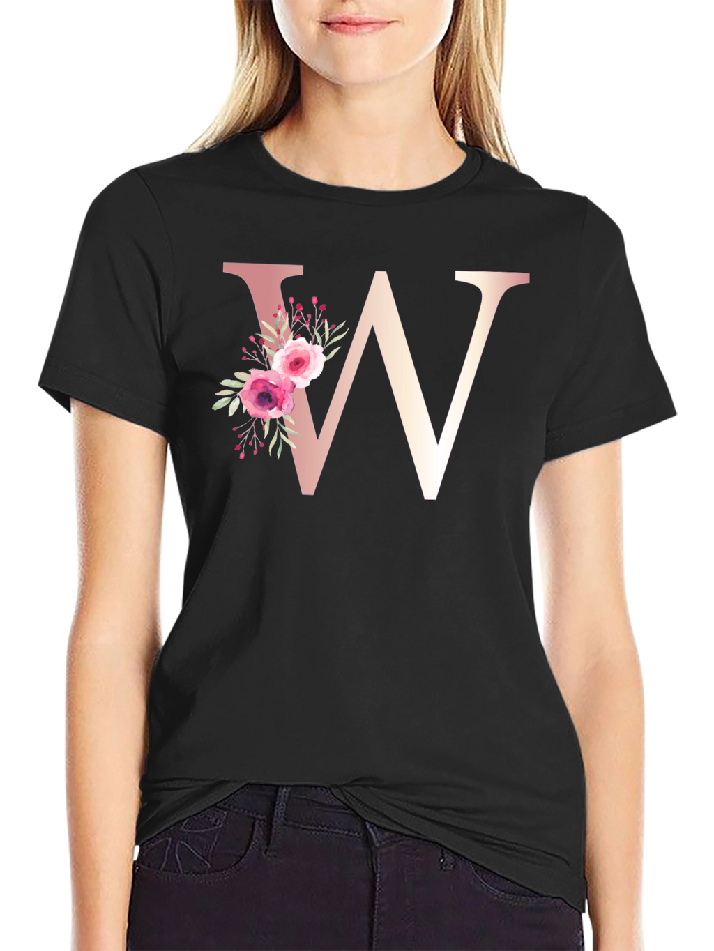 Floral Letter W Black T-Shirt