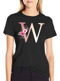 Floral Letter W Black T-Shirt