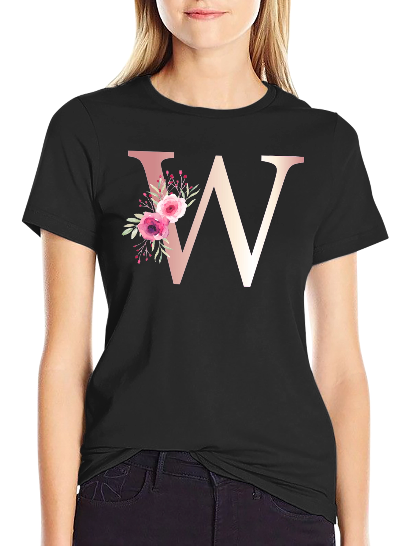 Floral Letter W Black T-Shirt