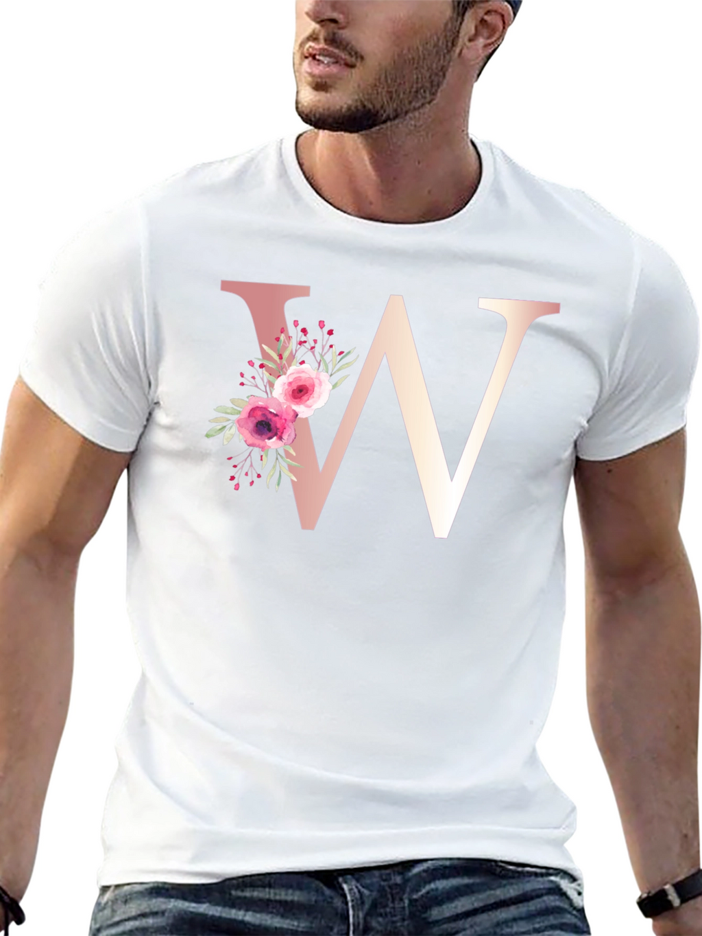 Floral Letter W Black T-Shirt