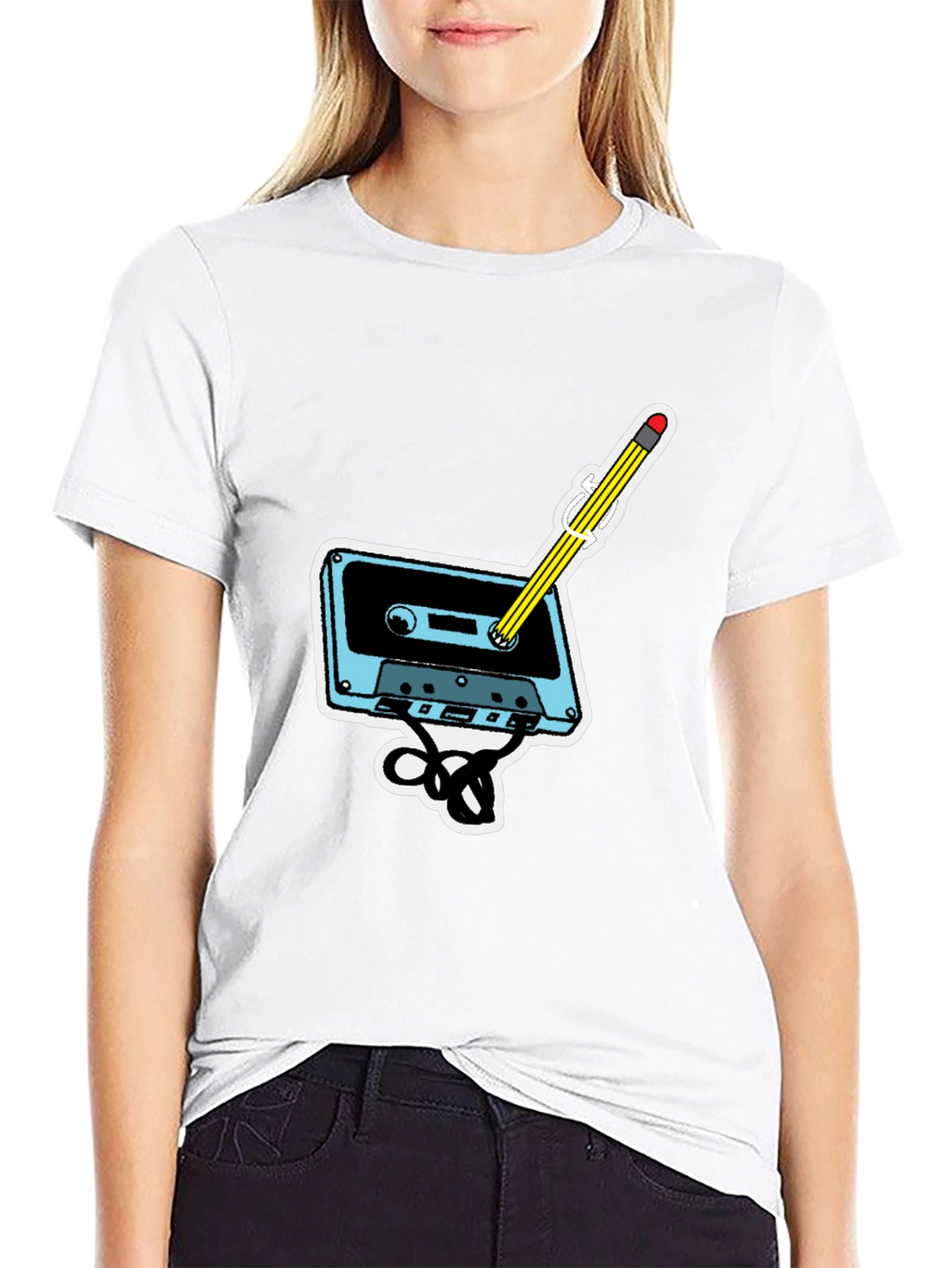Retro Cassette & Pencil Graphic T-Shirt