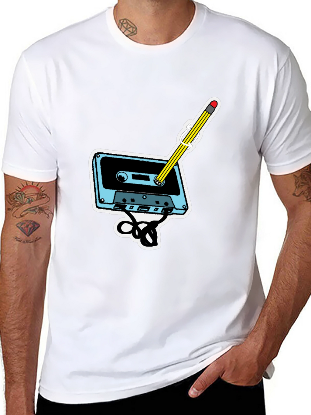 Retro Cassette & Pencil Graphic T-Shirt