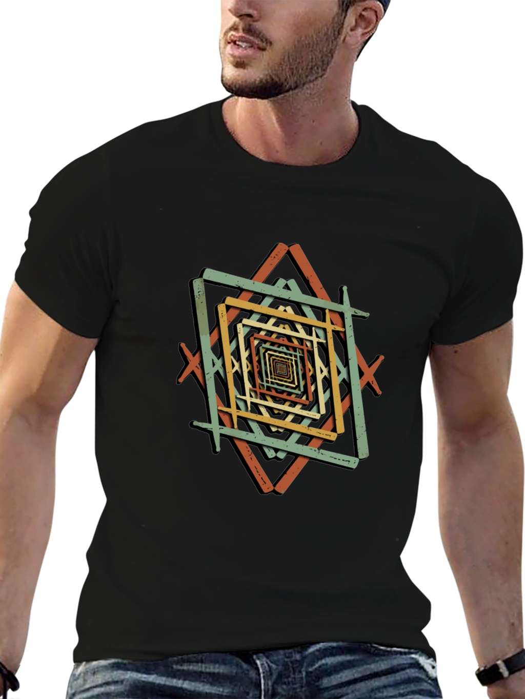Geometric Square Pattern Black T-Shirt