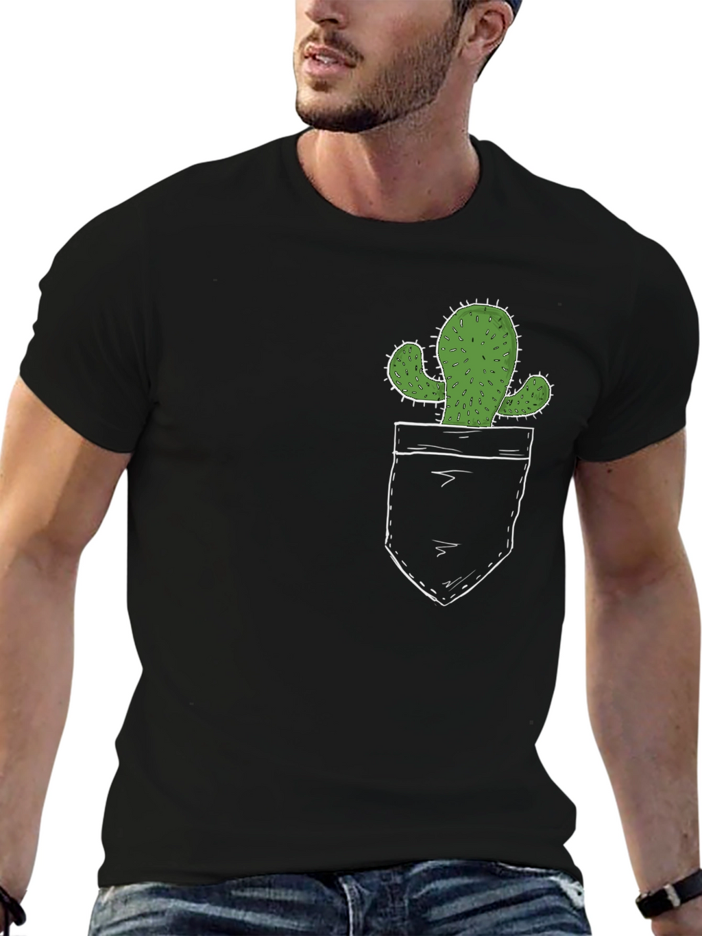 Cactus Pocket Print Black T-Shirt